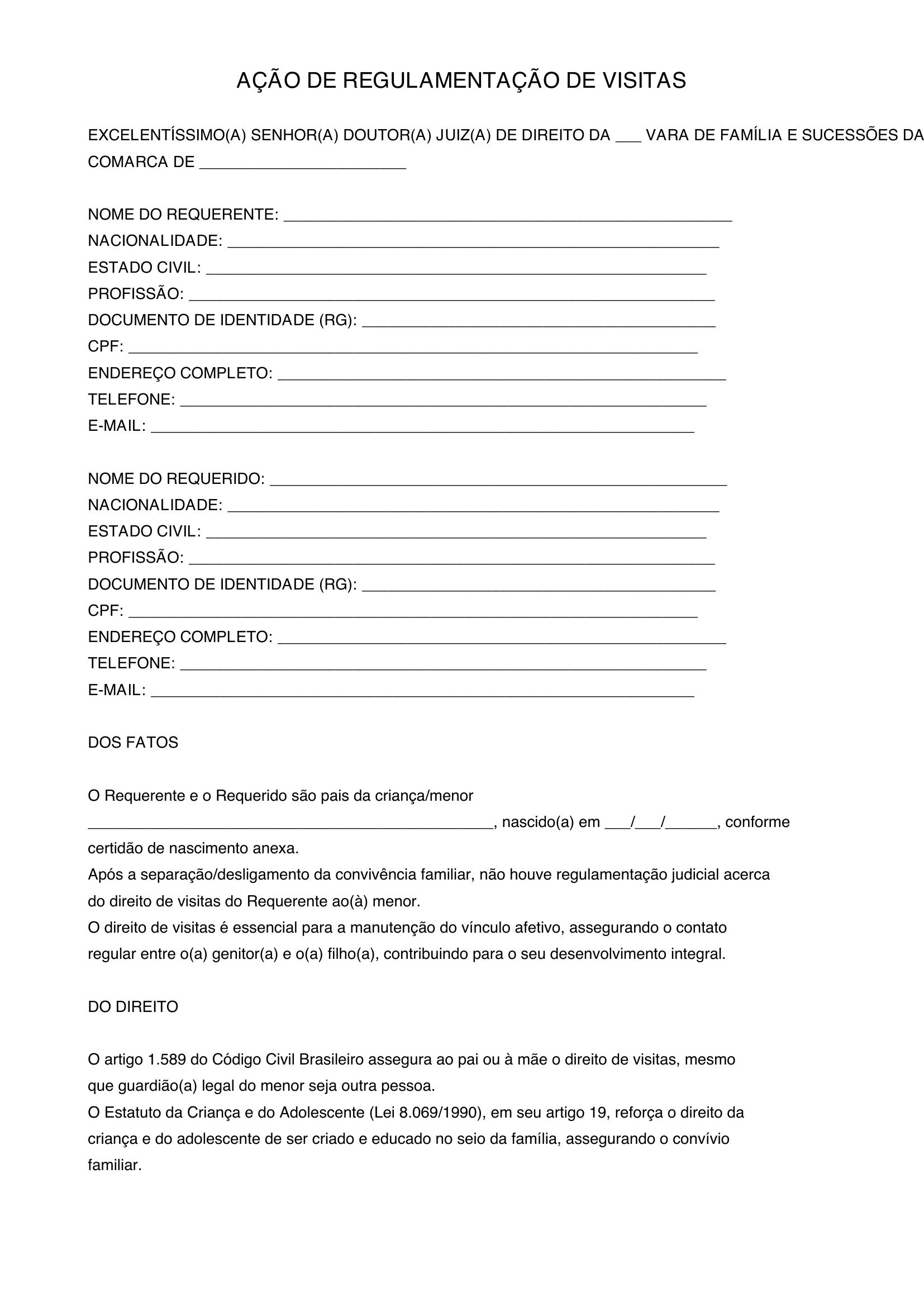 Modelo De Ação De Regulamentação De Visitas