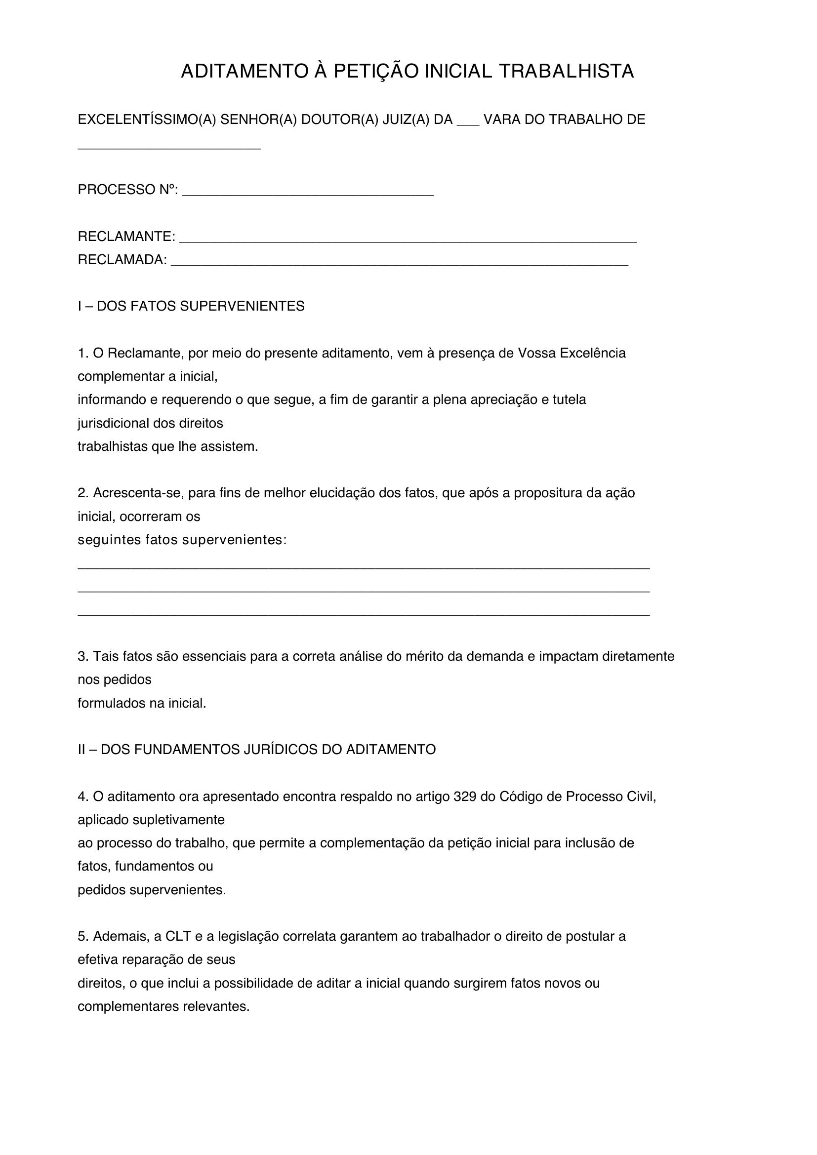 Modelo De Aditamento A Inicial Trabalhista