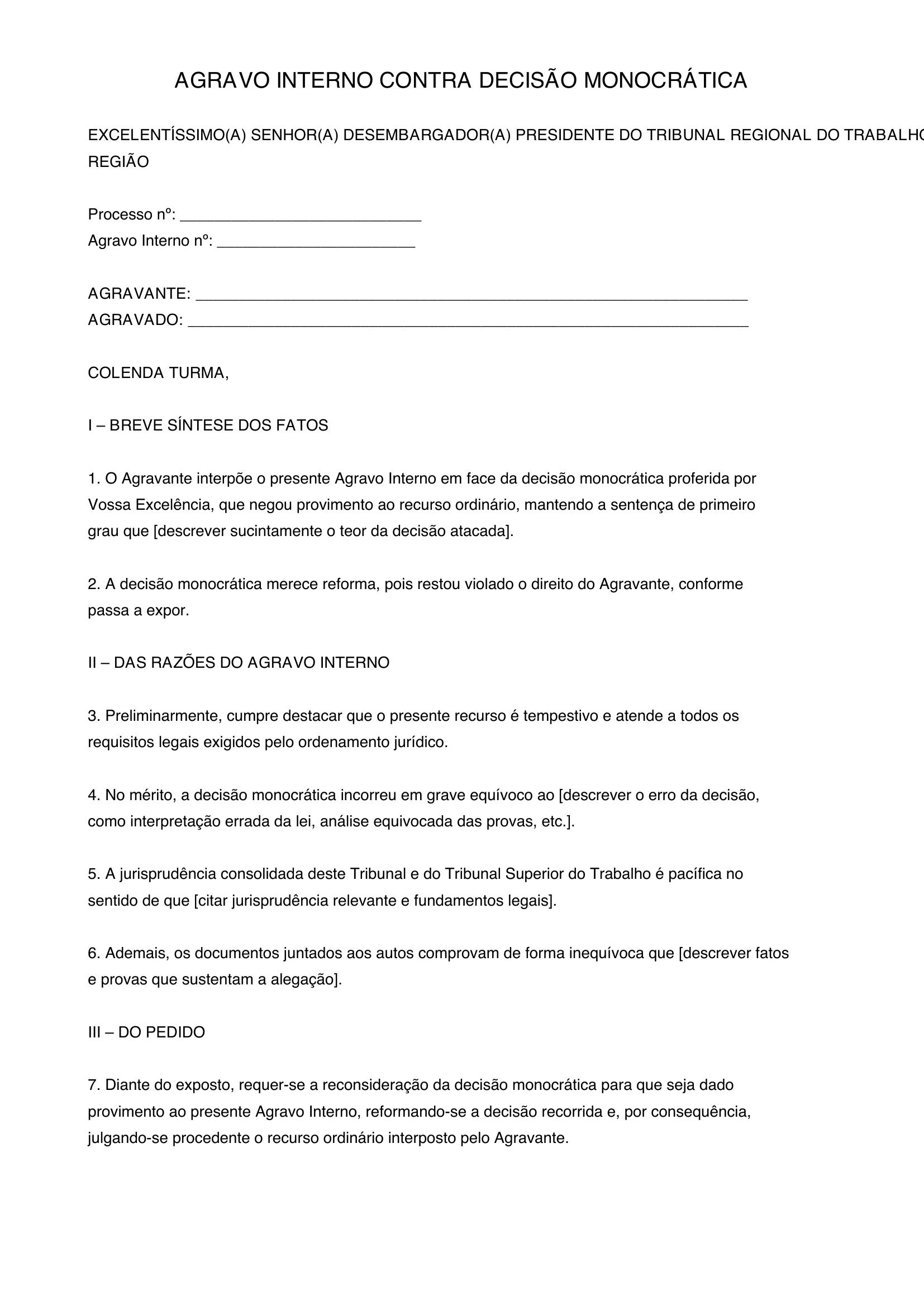 Modelo De Agravo Interno Contra Decisão Monocrática