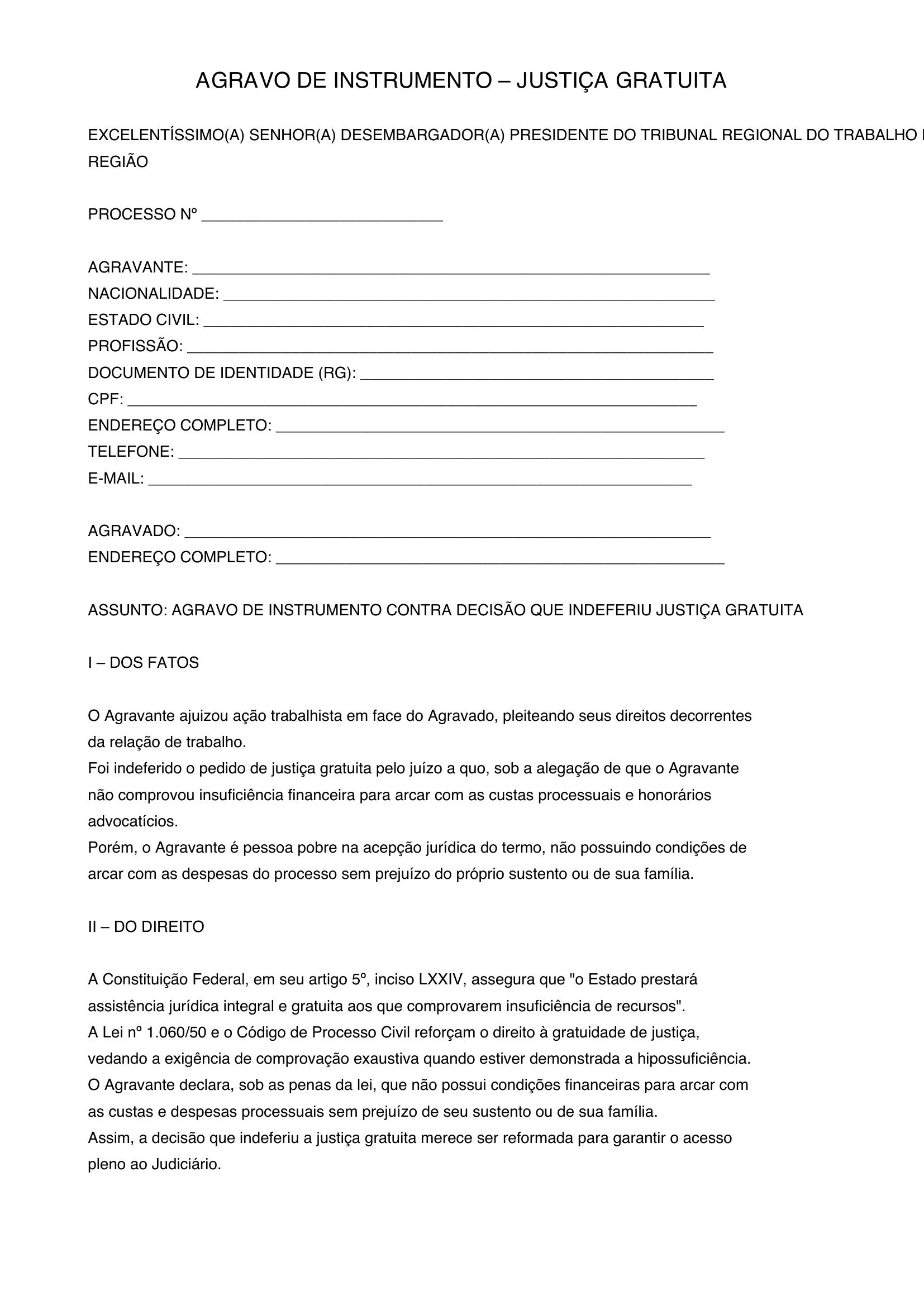 Modelo Agravo Justiça Gratuita