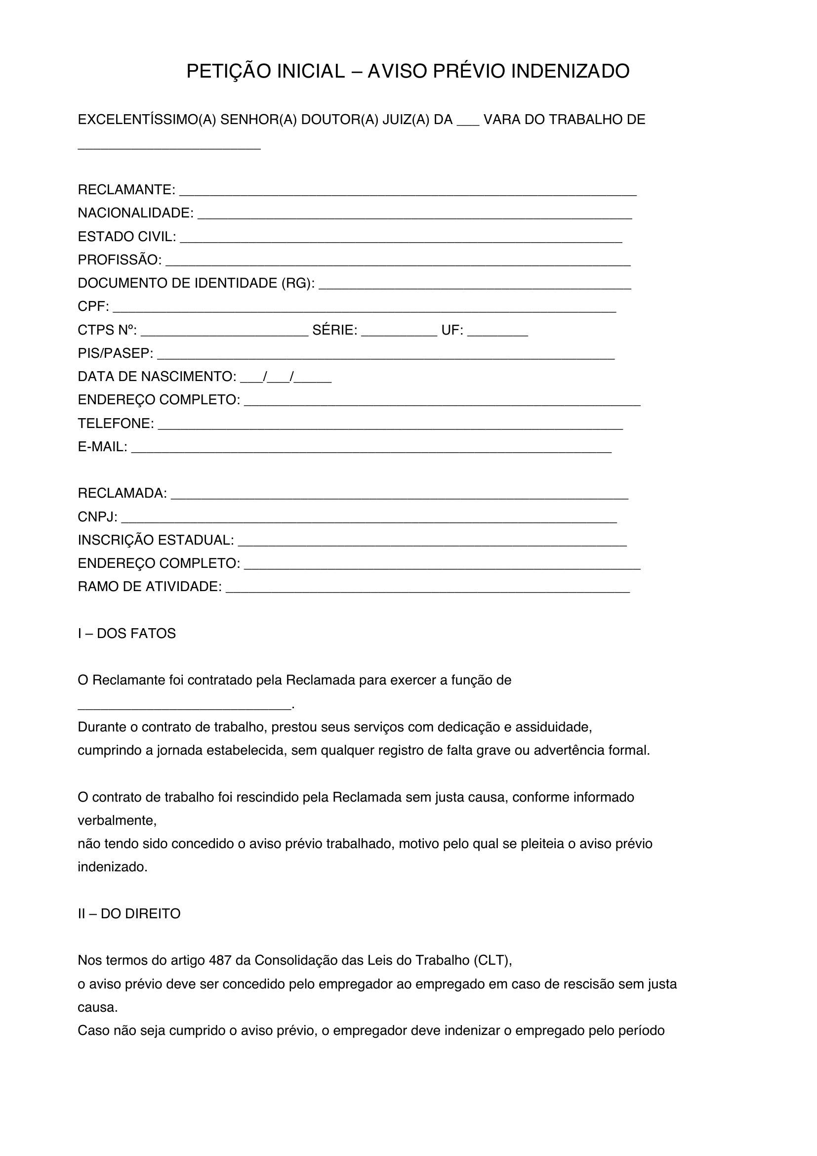 Aviso Prévio Indenizado Modelo
