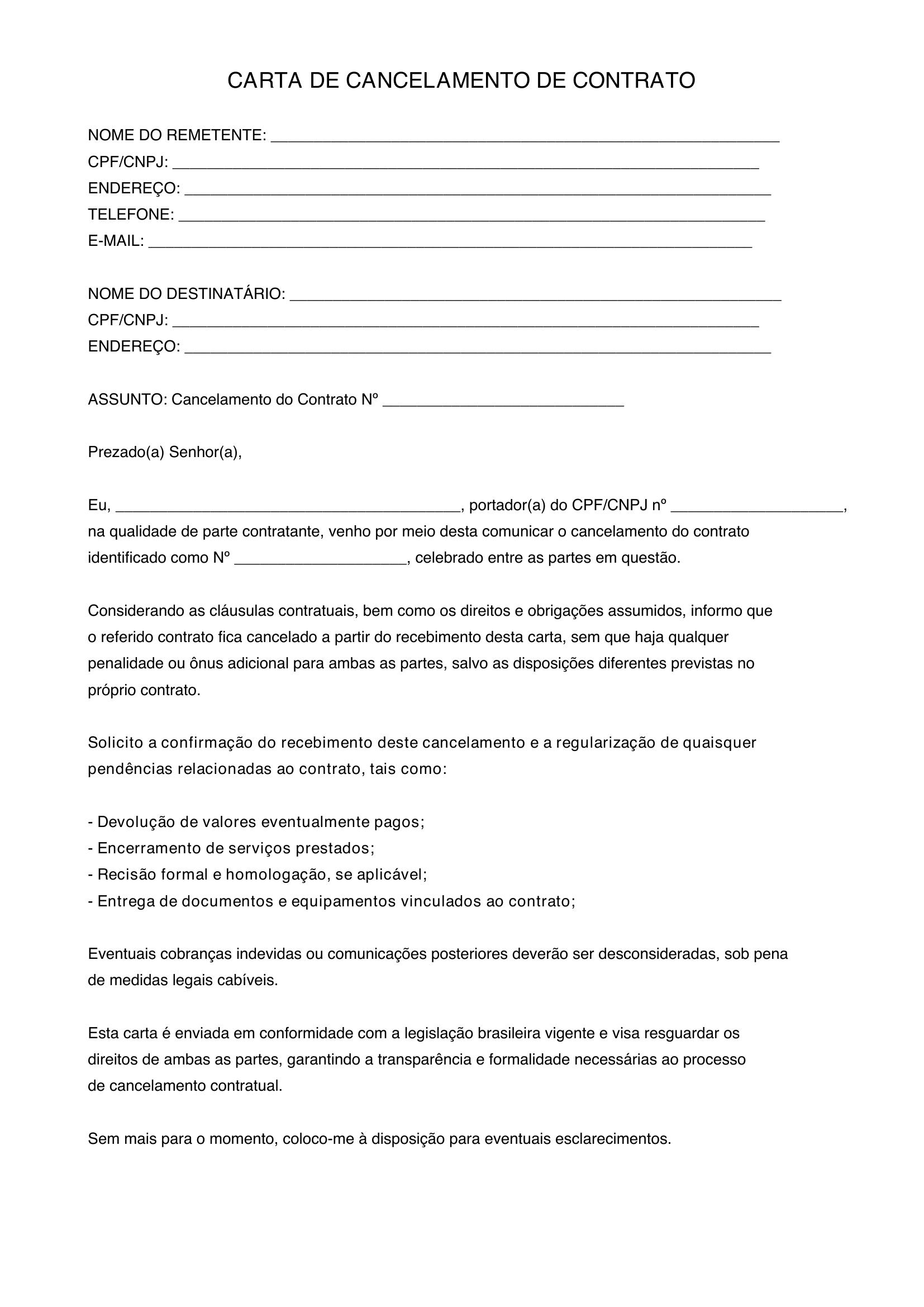 Modelo De Carta De Cancelamento De Contrato