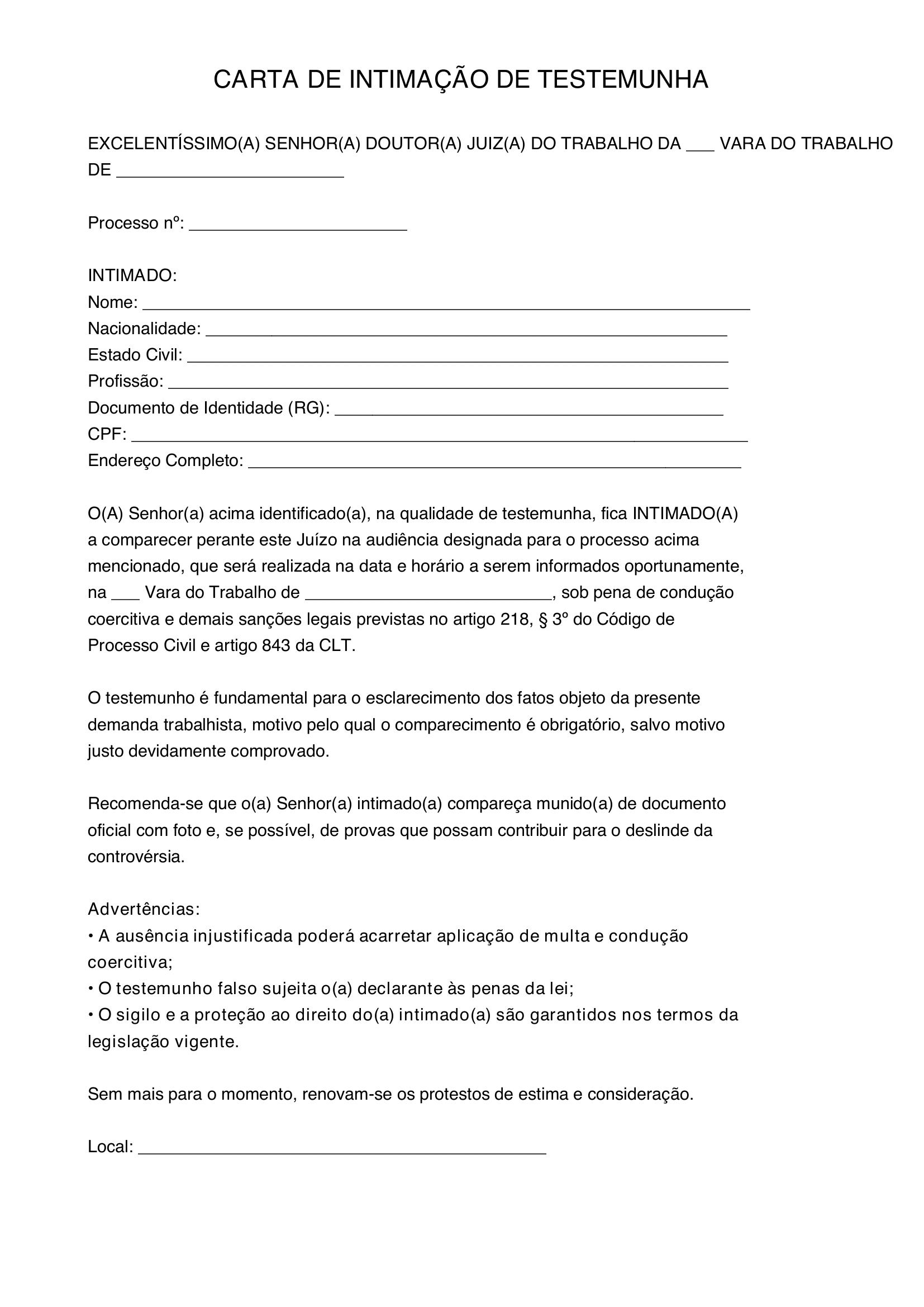Modelo De Carta De Intimação De Testemunha
