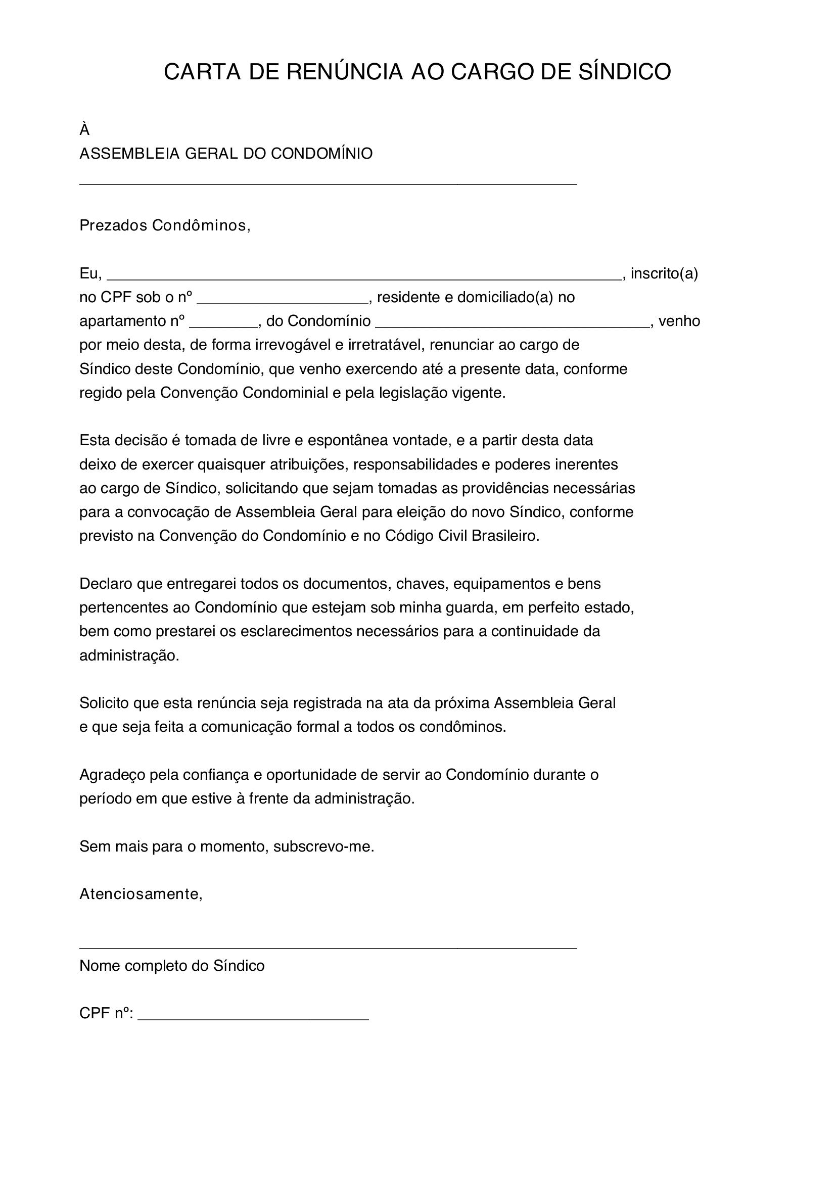 Modelo De Carta De Renuncia De Sindico