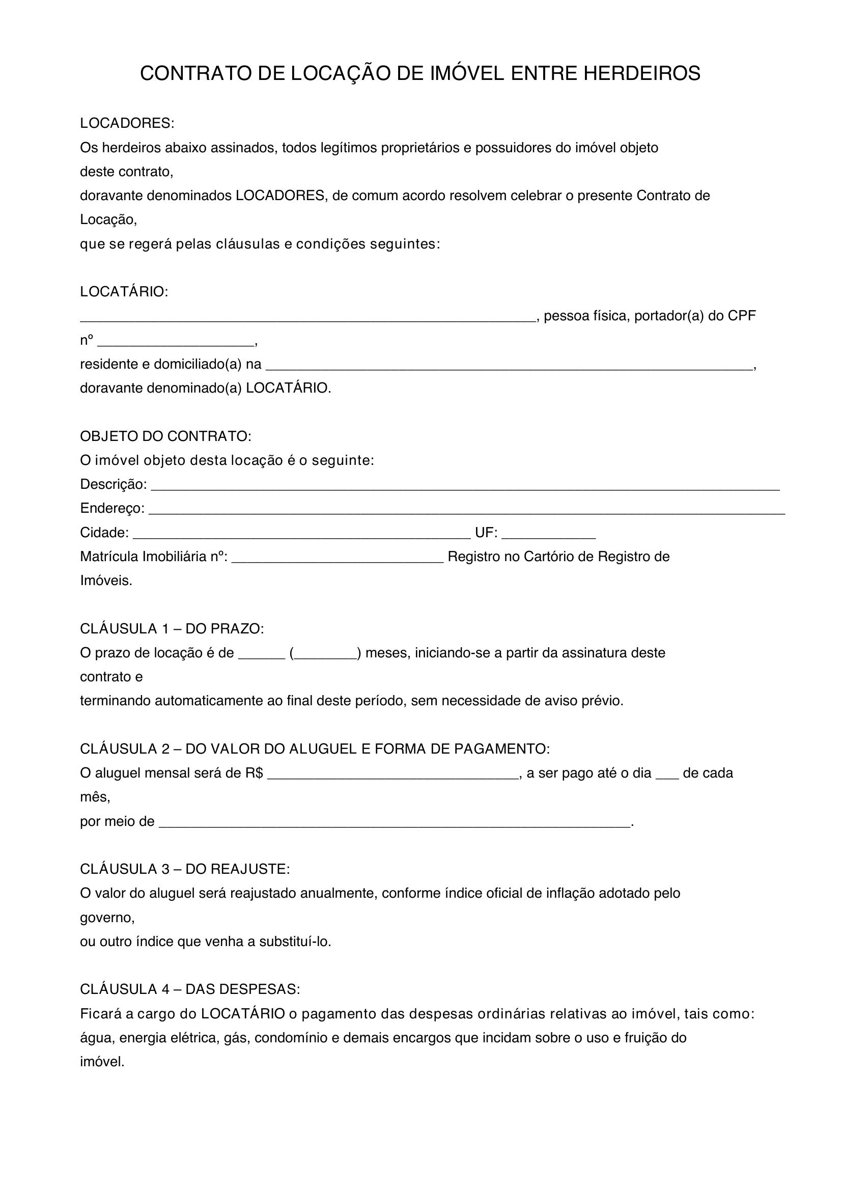 Modelo De Contrato De Aluguel Entre Herdeiros
