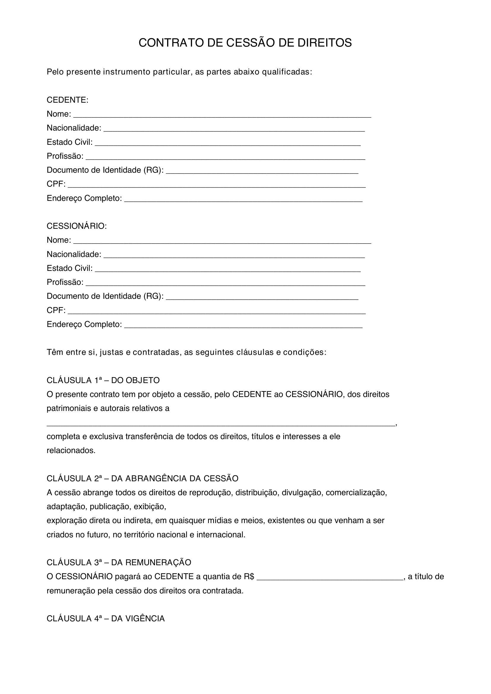 Modelo De Contrato De Cessão De Direitos