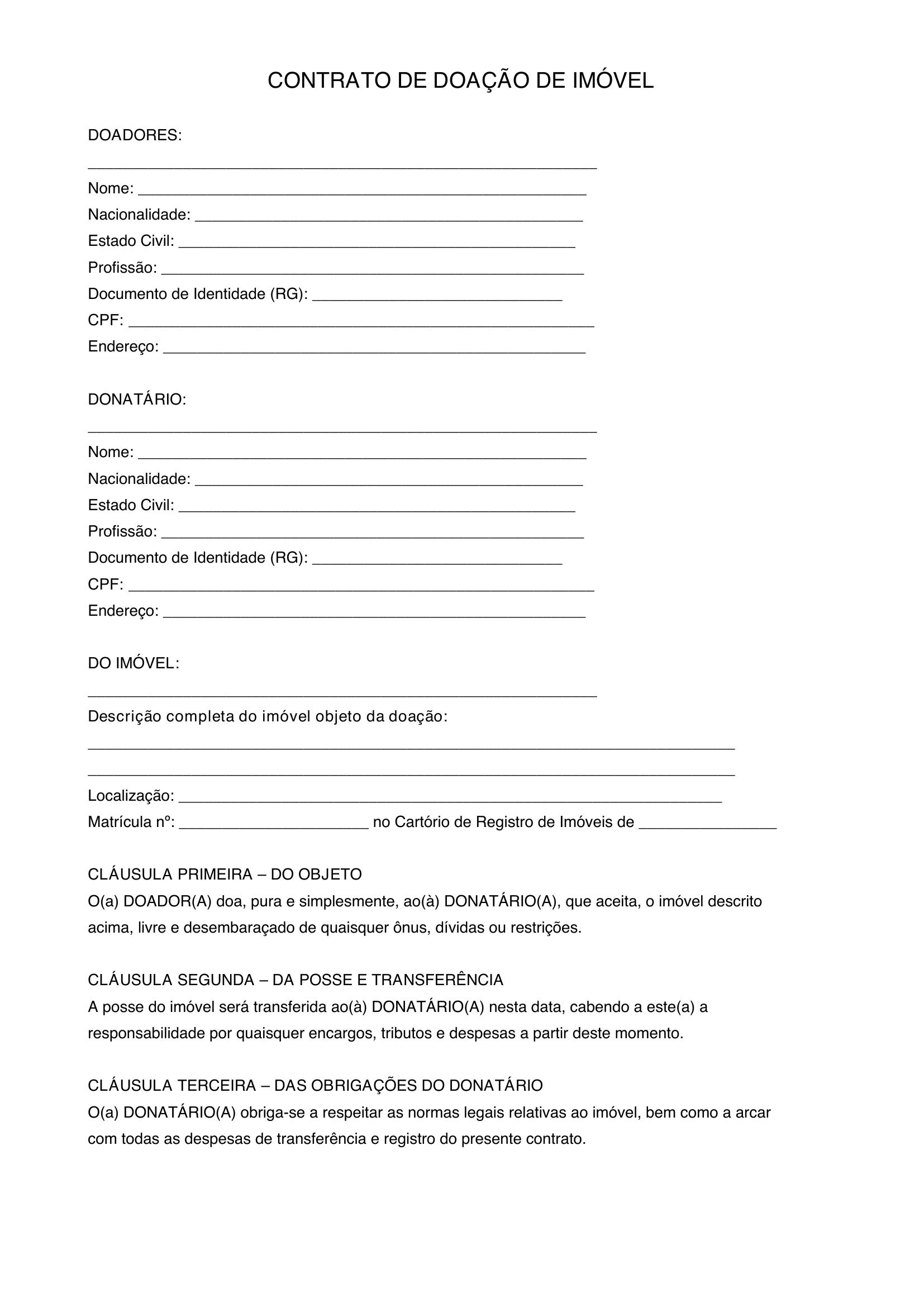Modelo De Contrato De Doação De Imovel