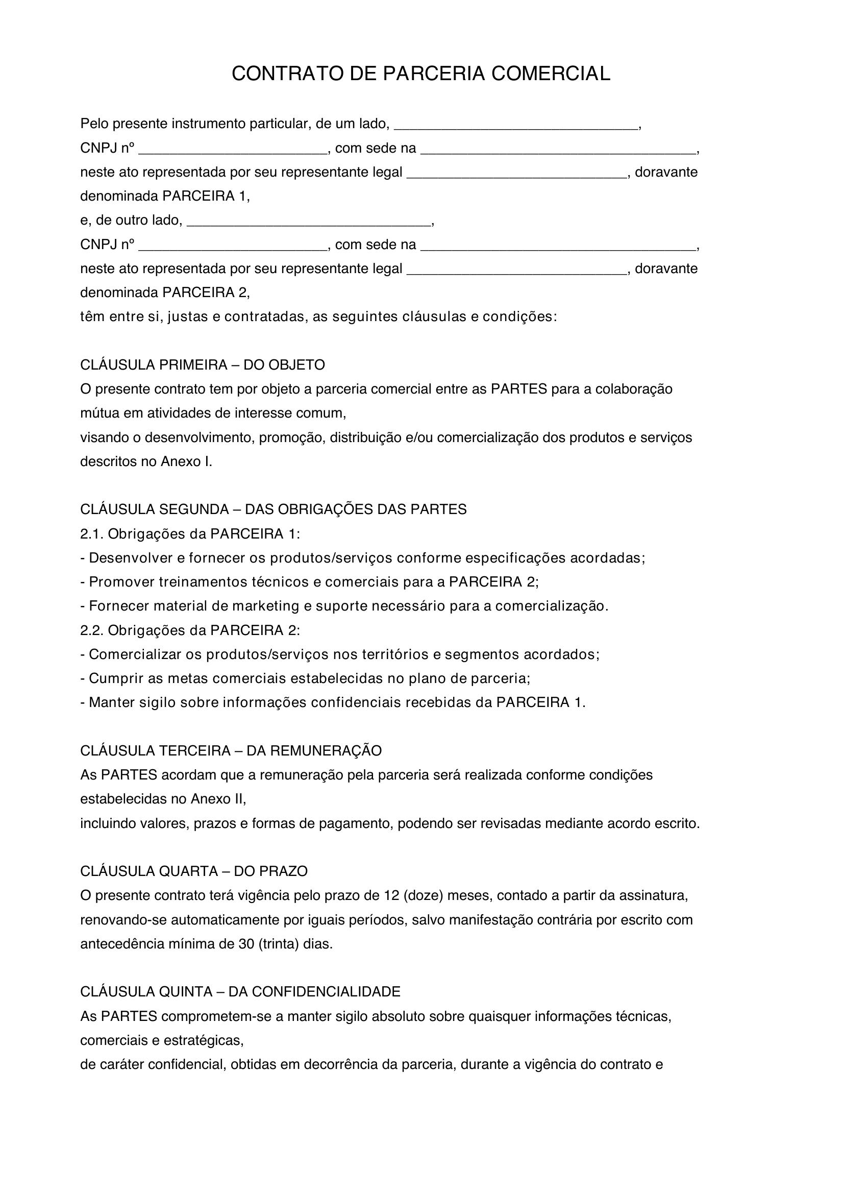 Modelo De Contrato De Parceria Comercial