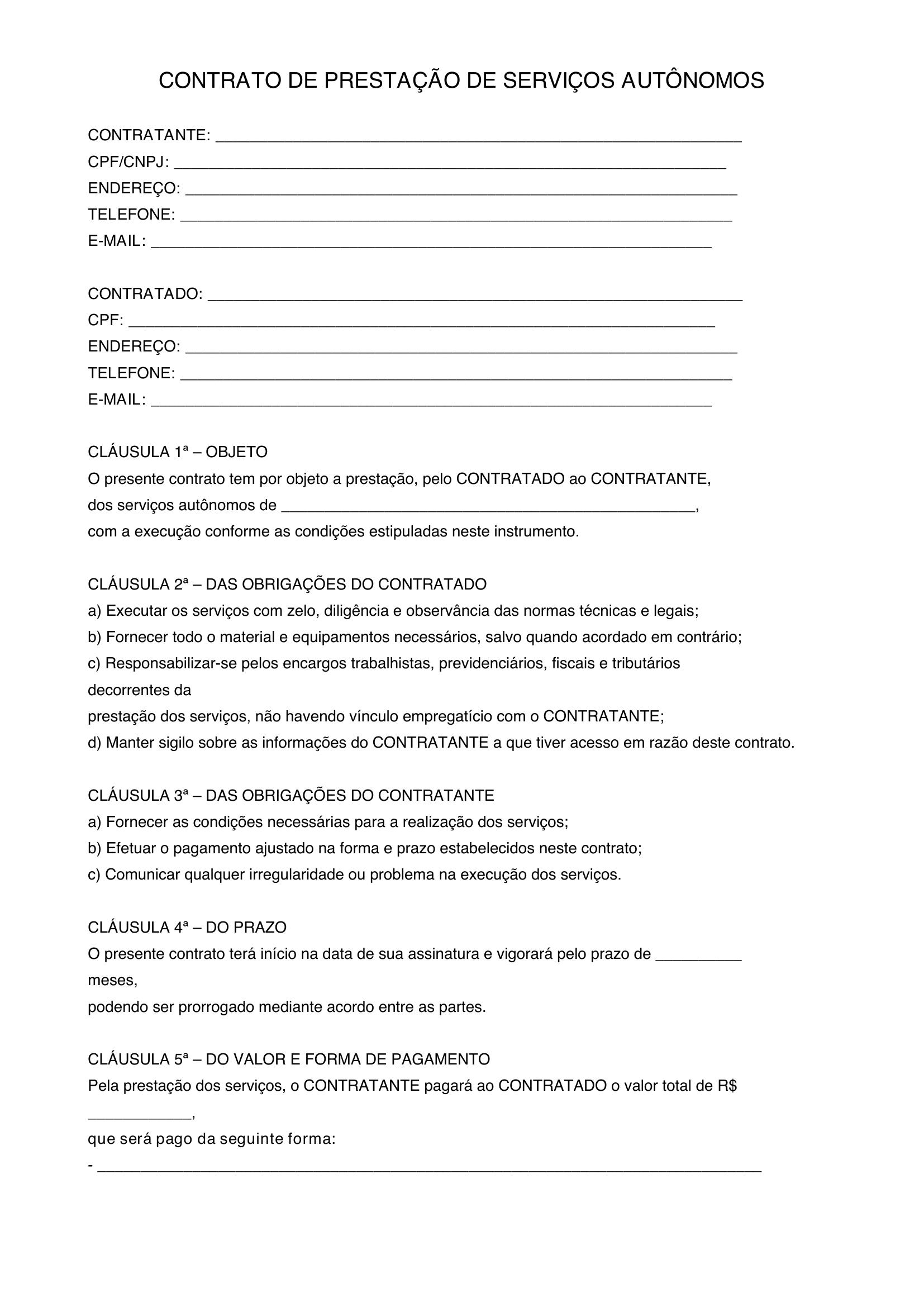 Modelo De Contrato De Prestação De Serviço Autonomo