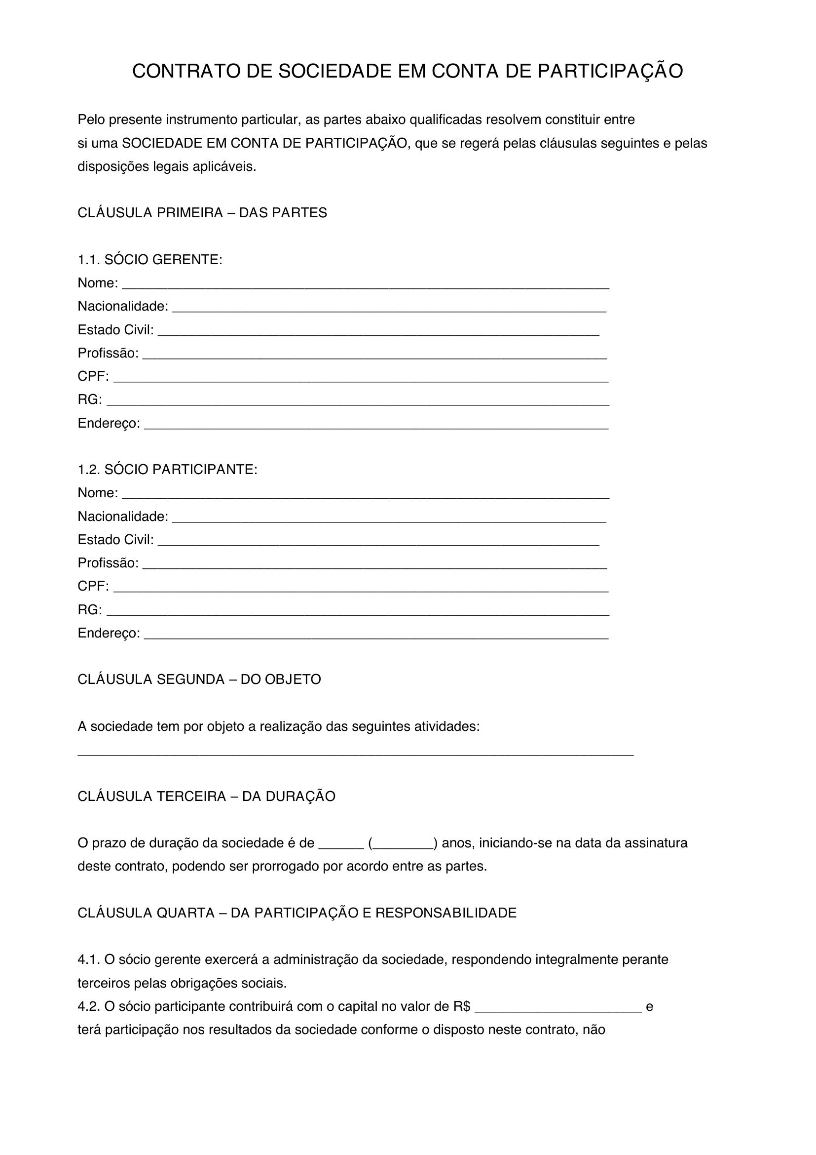 Modelo De Contrato De Sociedade Em Conta De Participação