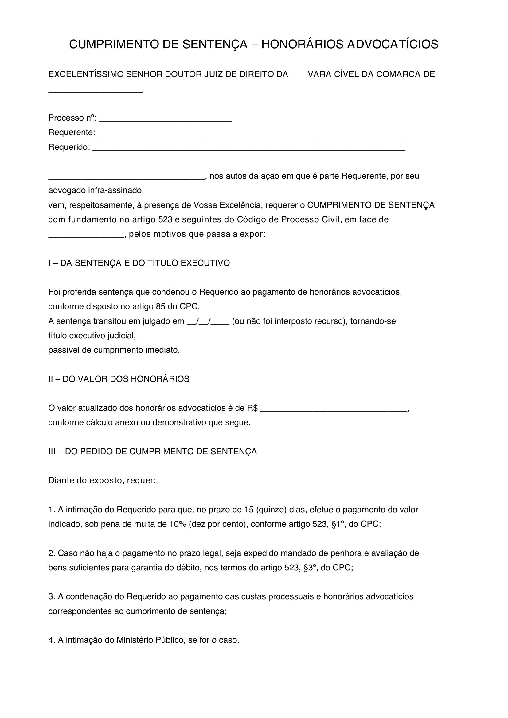 Modelo Cumprimento De Sentença Honorarios