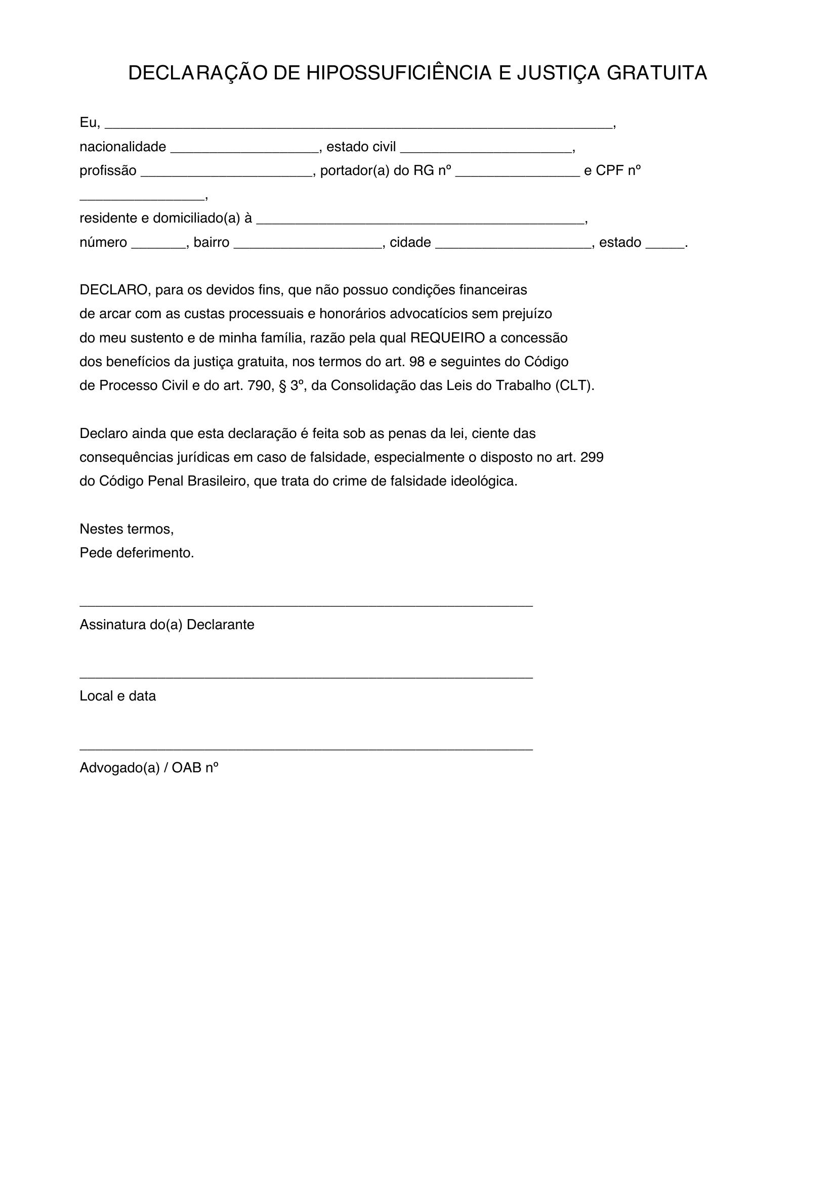 Modelo Declaração De Hipossuficiência Justiça Gratuita