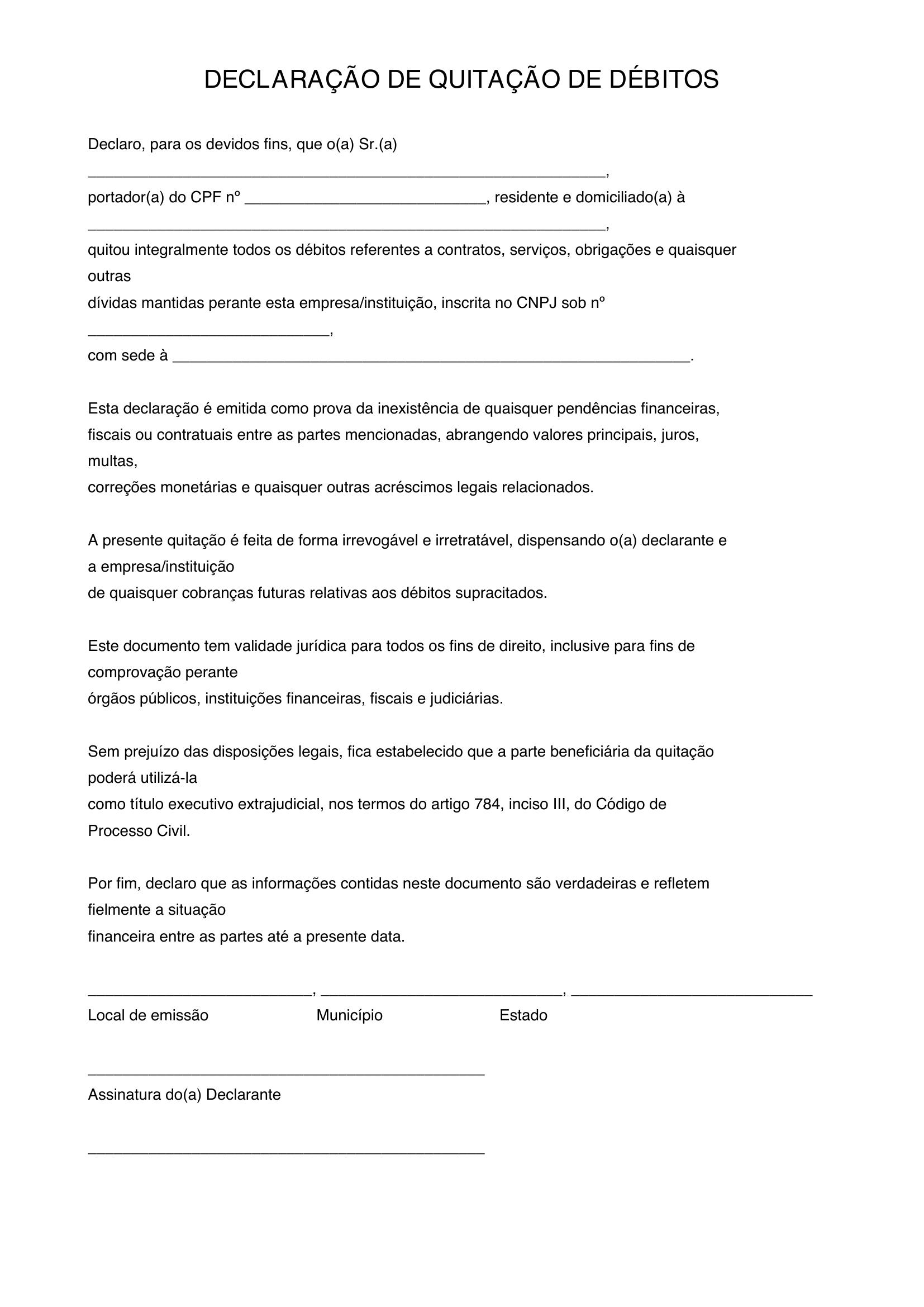 Modelo De Declaração De Quitação De Débitos