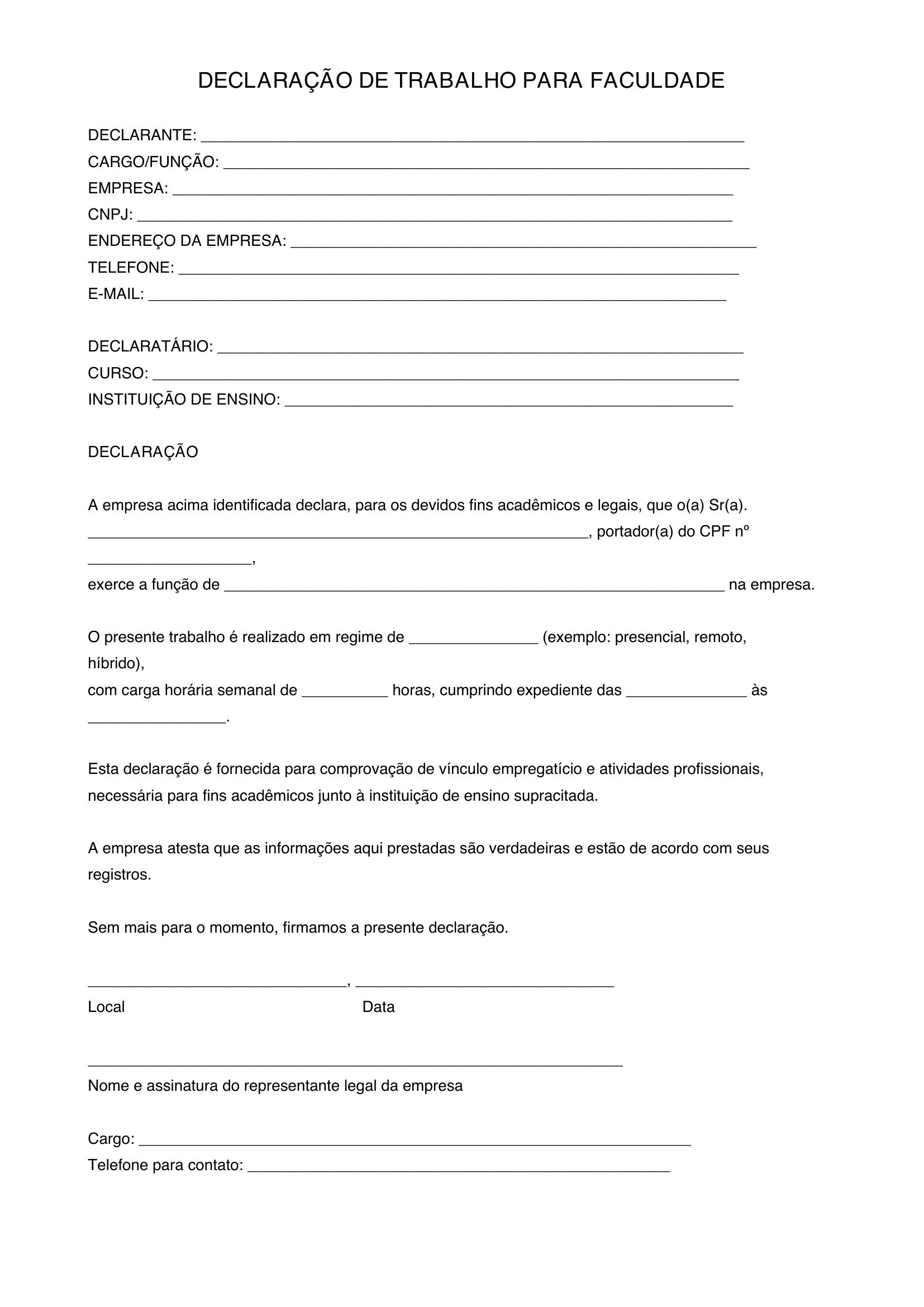 Modelo De Declaração De Trabalho Para Faculdade