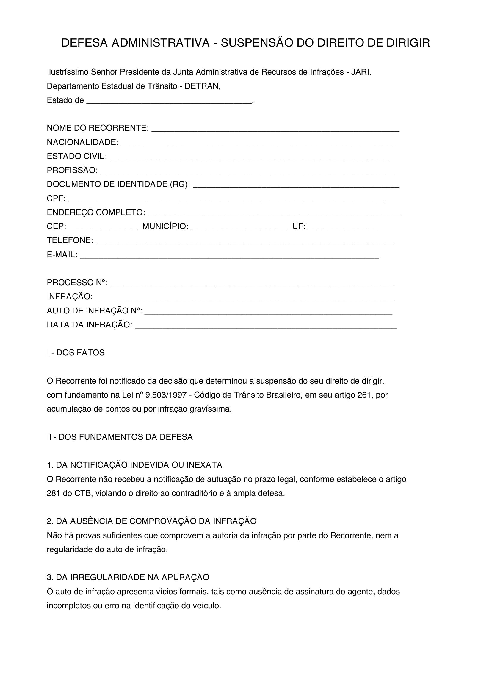 Modelo Defesa Suspensão Cnh