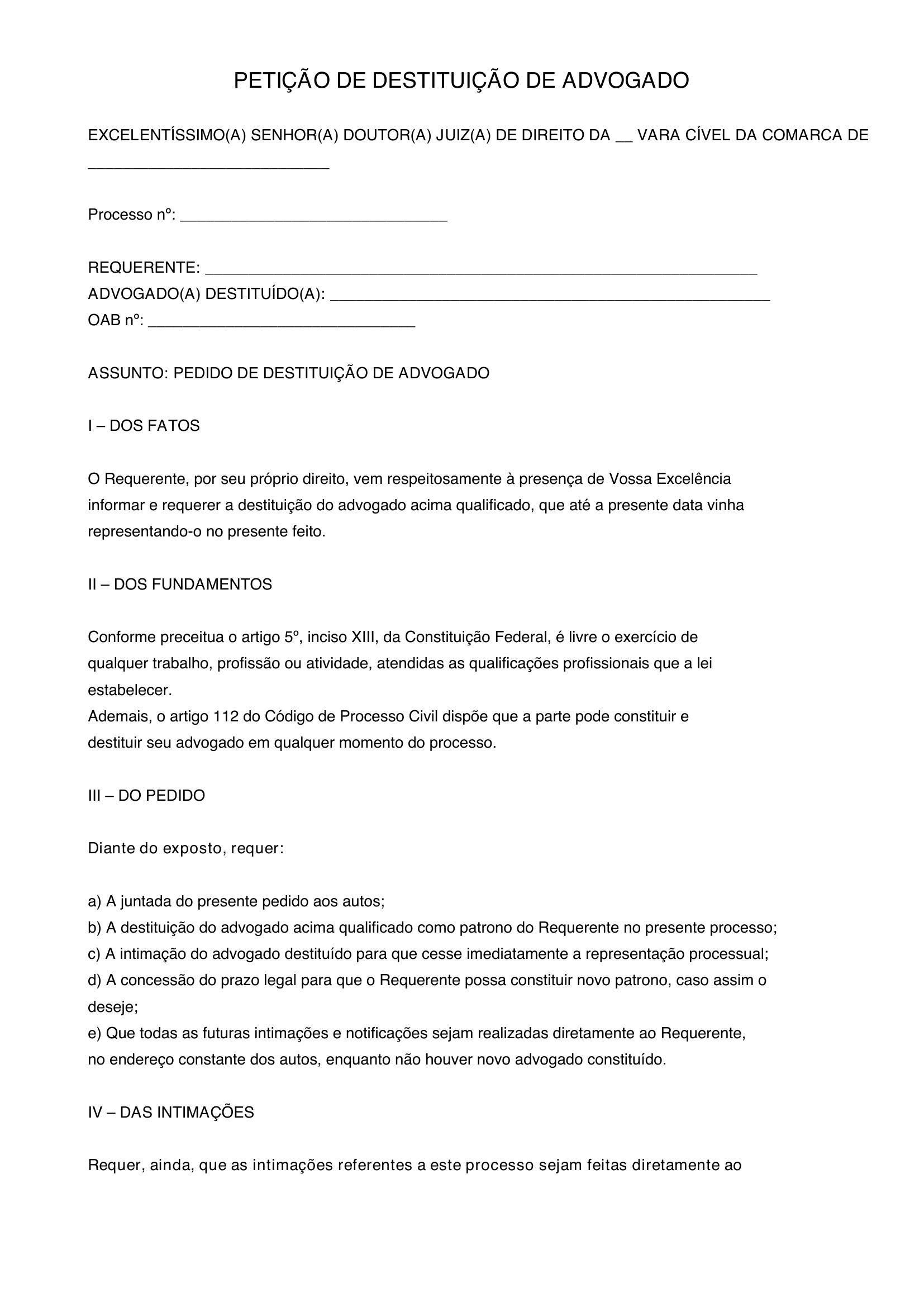 Modelo De Destituição De Advogado