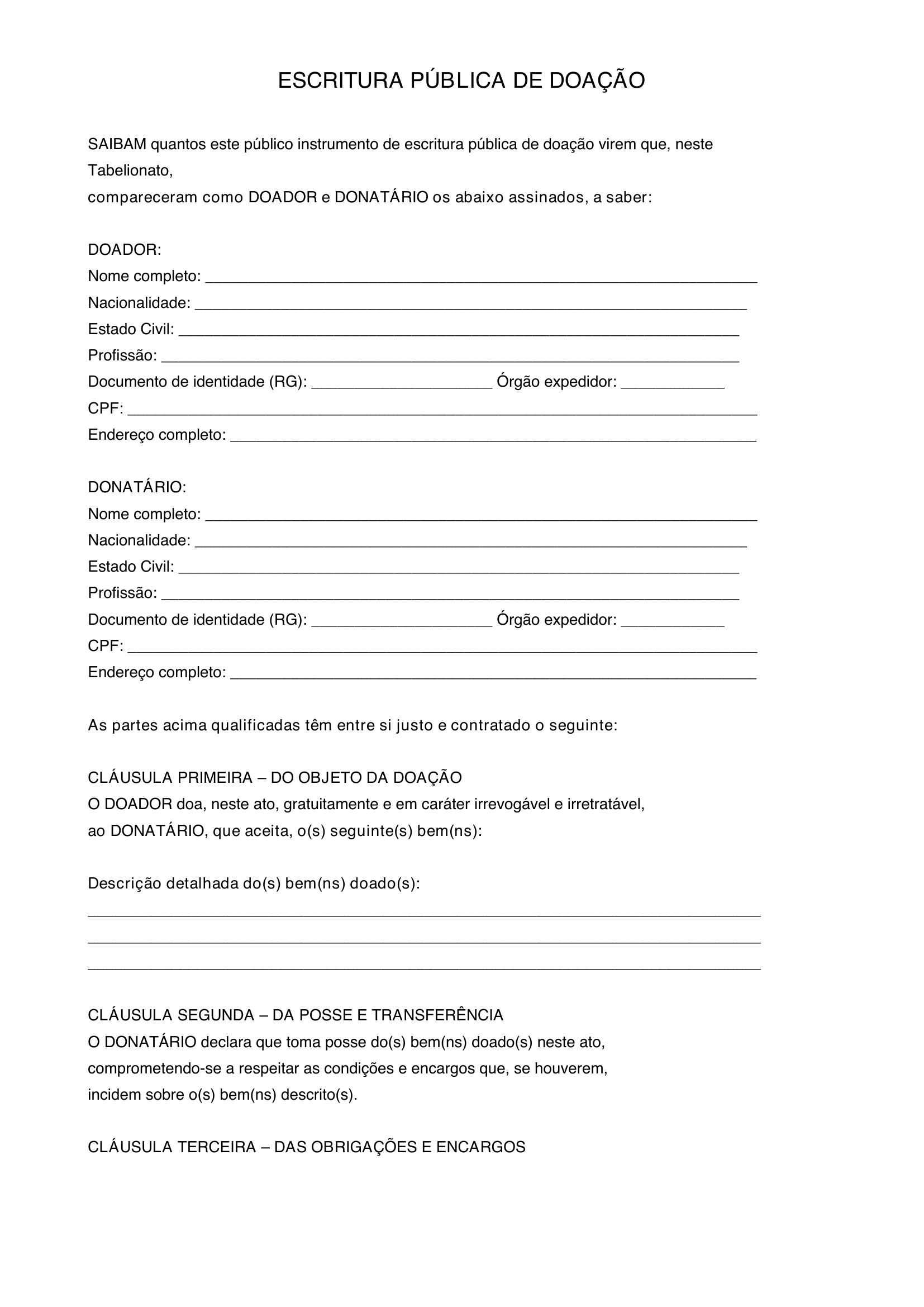 Modelo De Escritura De Doação