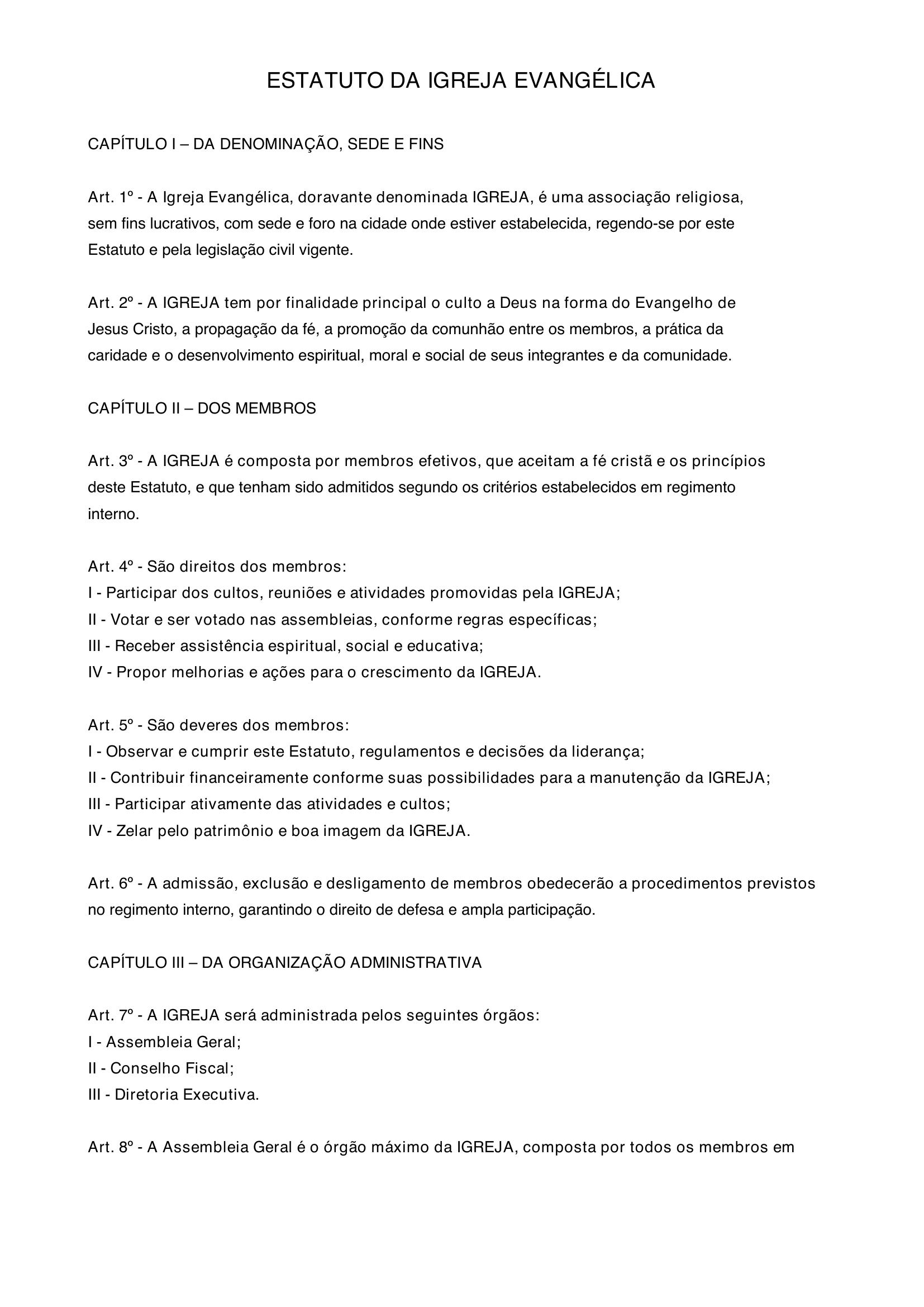 Modelo De Estatuto De Igreja Evangélica