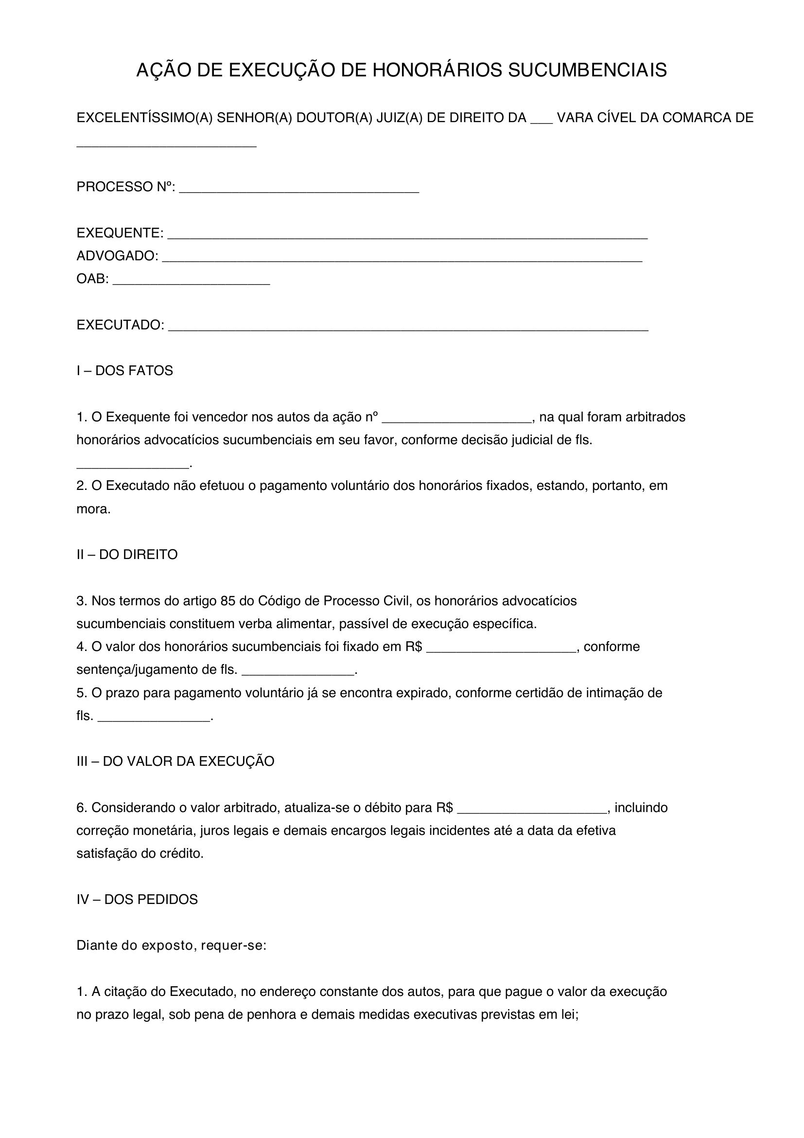 Modelo De Execução De Honorários Sucumbenciais