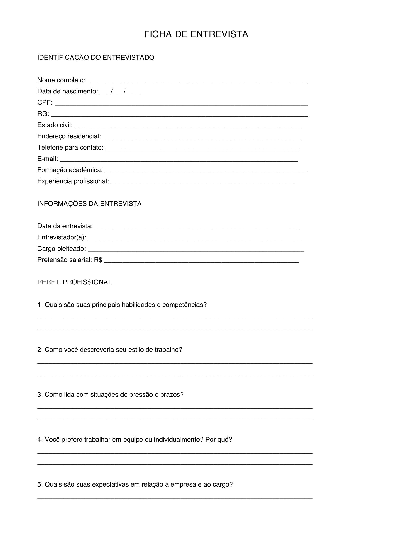Modelo De Ficha De Entrevista