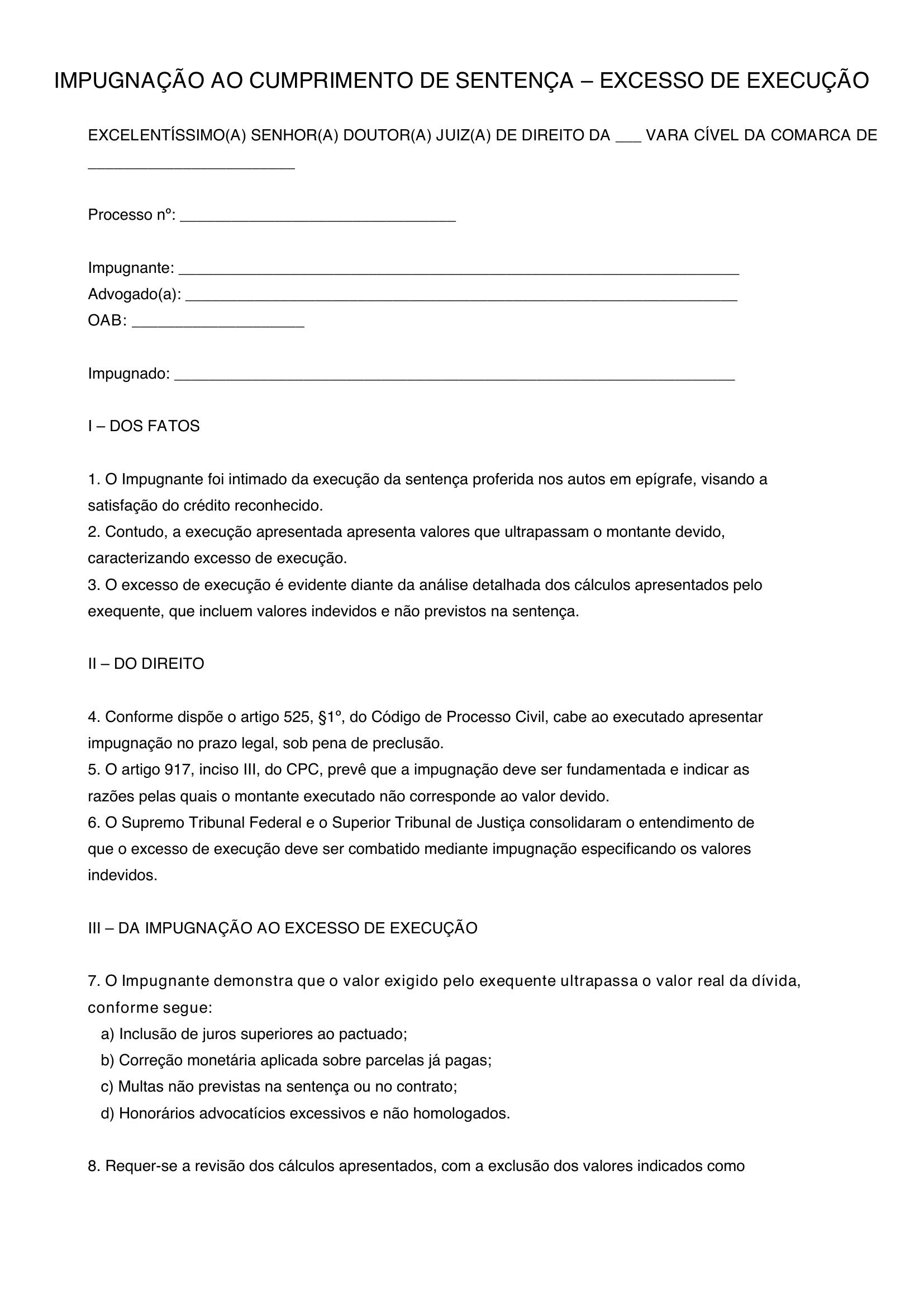 Modelo Impugnação Ao Cumprimento De Sentença Excesso De Execução