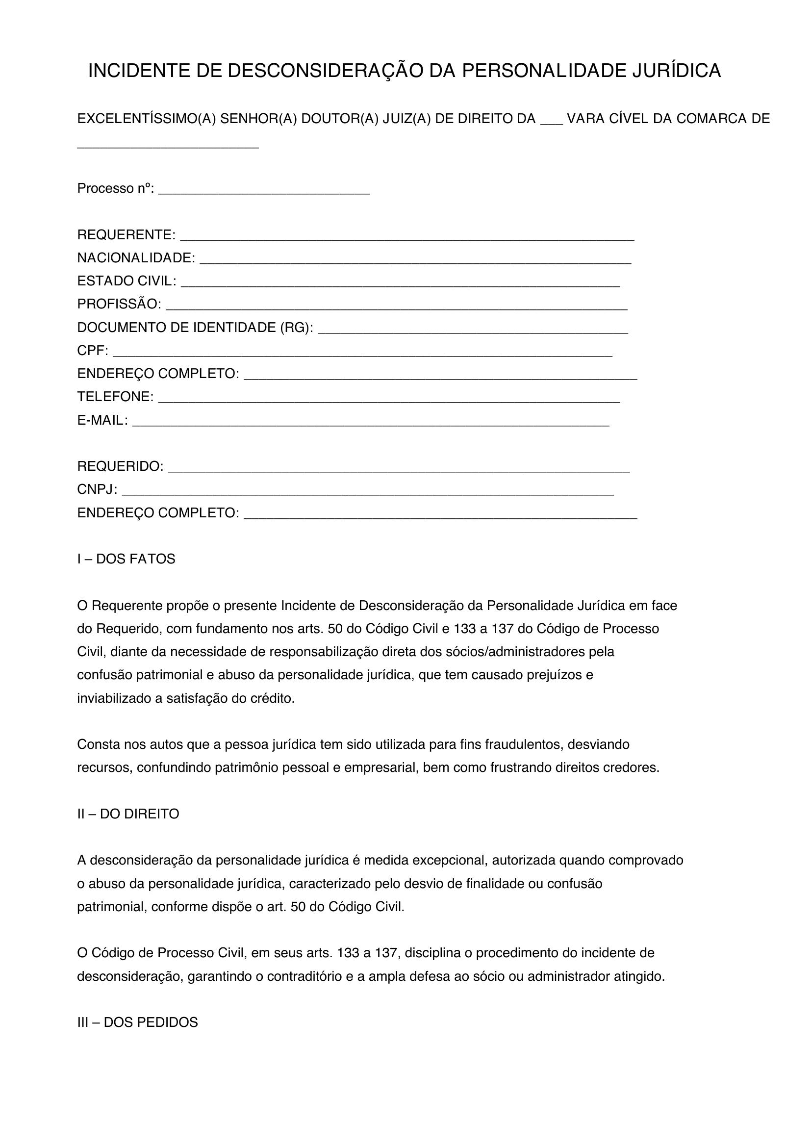 Modelo Incidente De Desconsideração Da Personalidade Jurídica