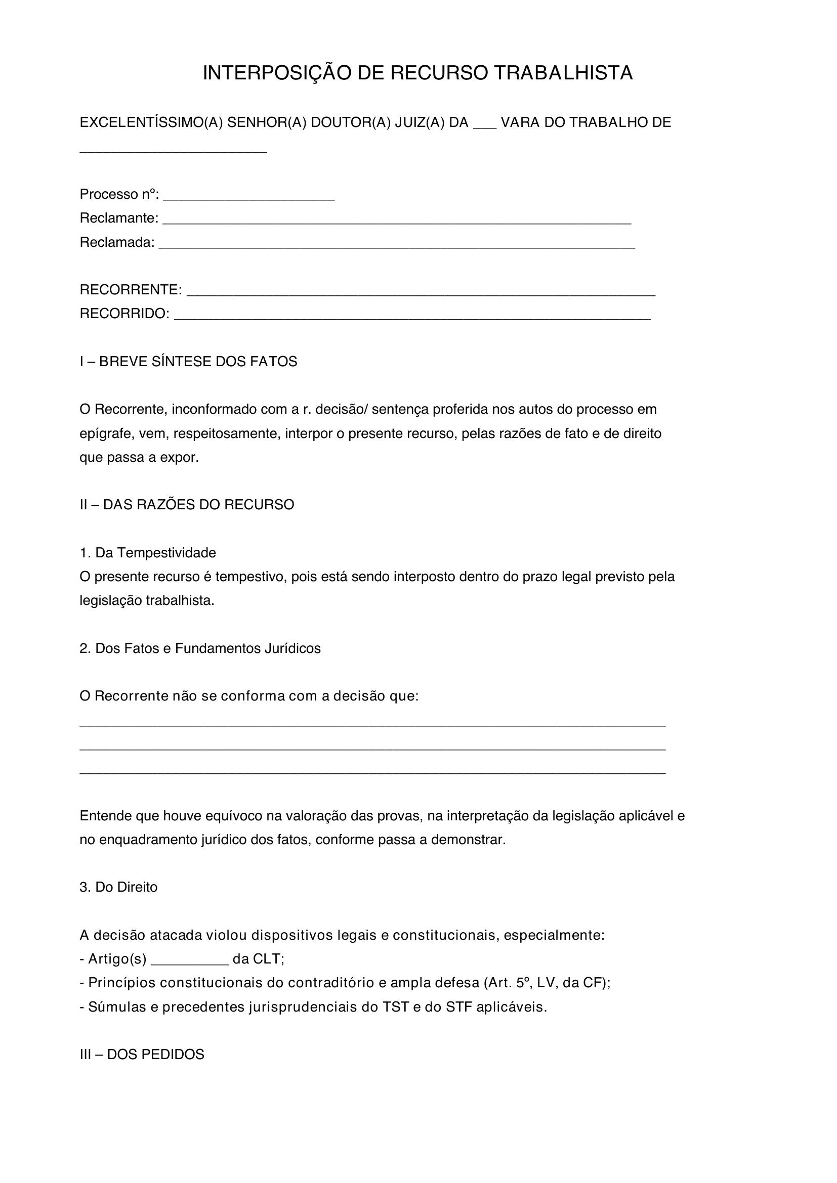 Modelo De Interposição De Recurso