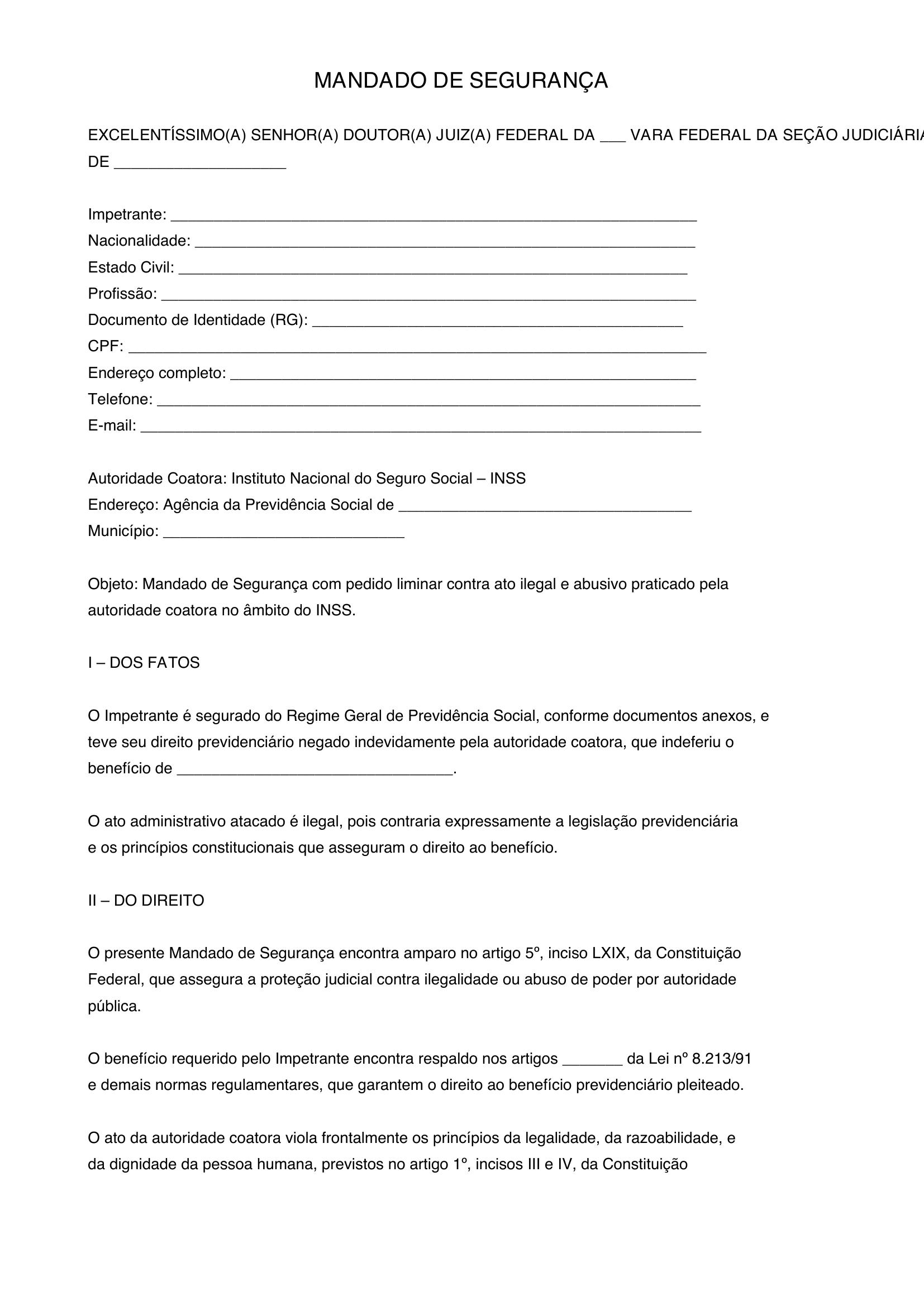 Modelo De Mandado De Segurança Contra O Inss