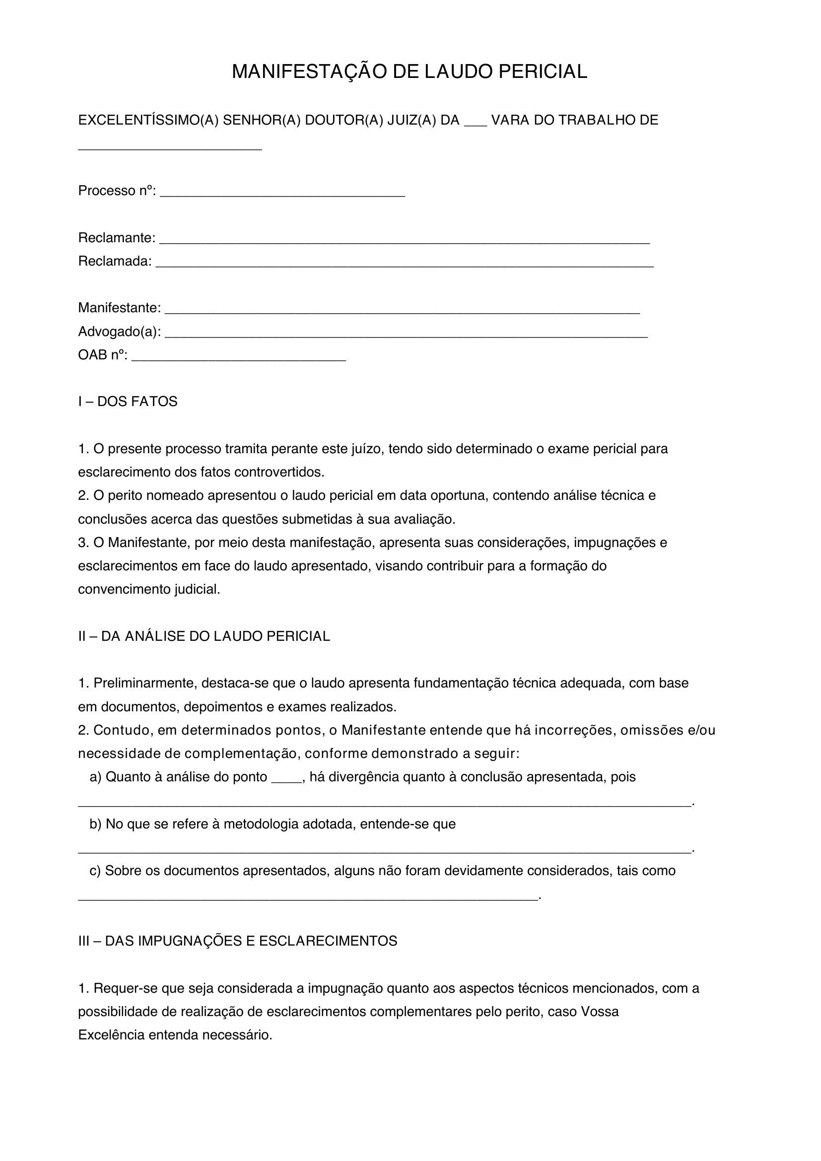 Modelo De Manifestação De Laudo Pericial