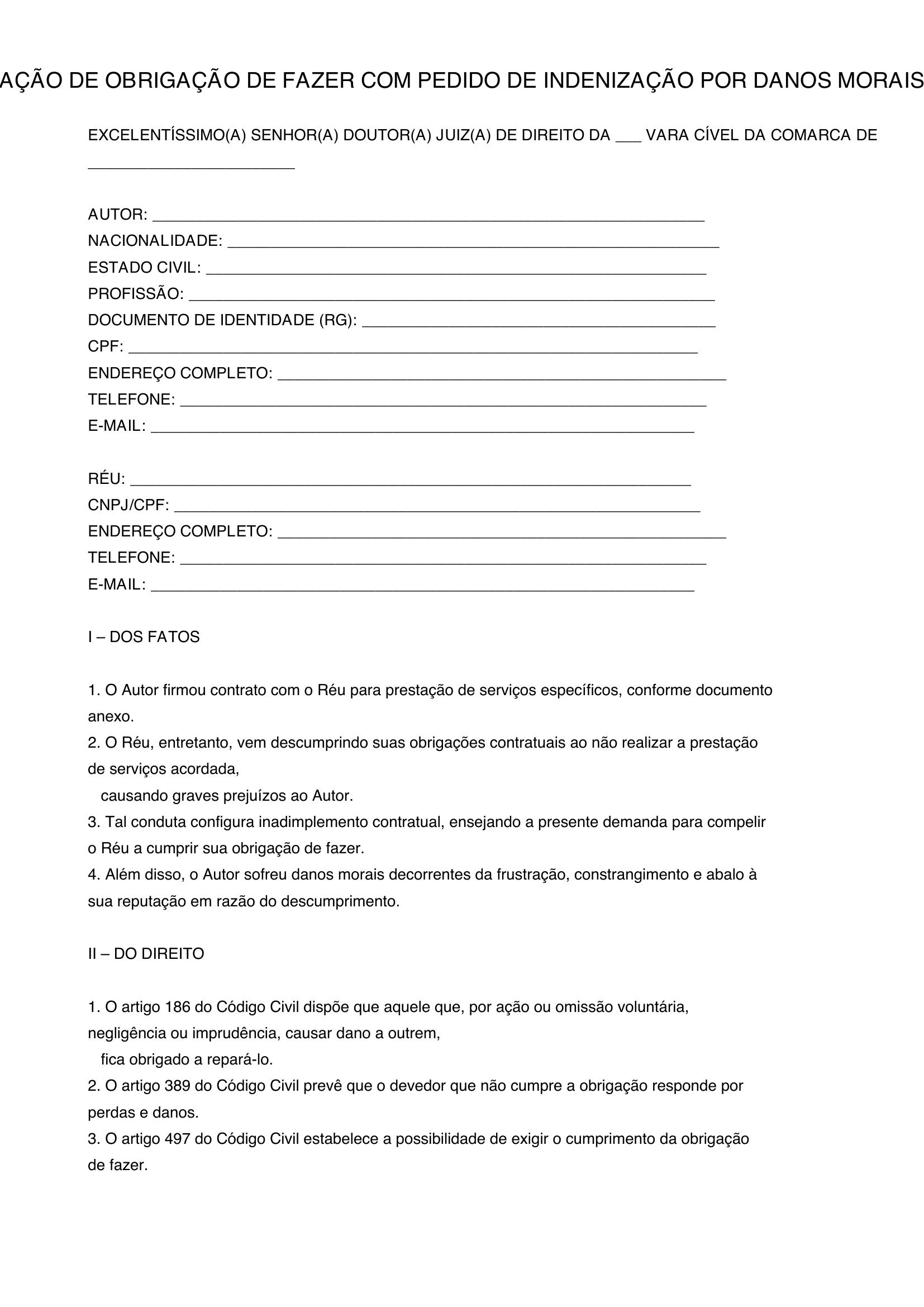 Modelo De Obrigação De Fazer Com Danos Morais