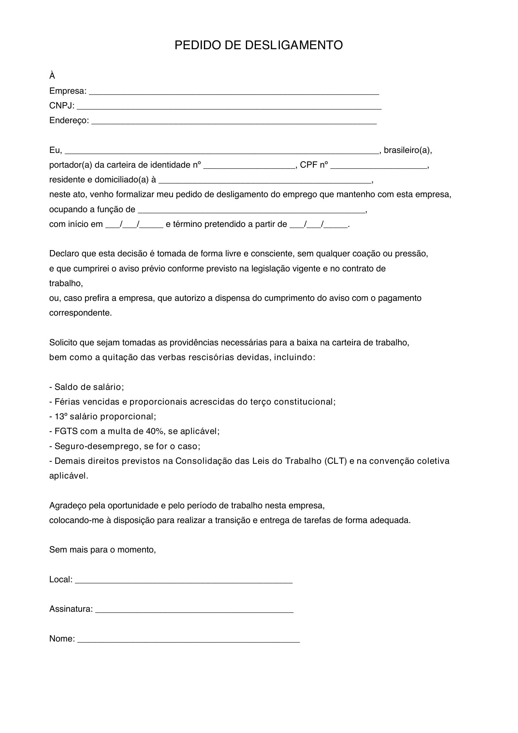 Modelo Pedido De Desligamento