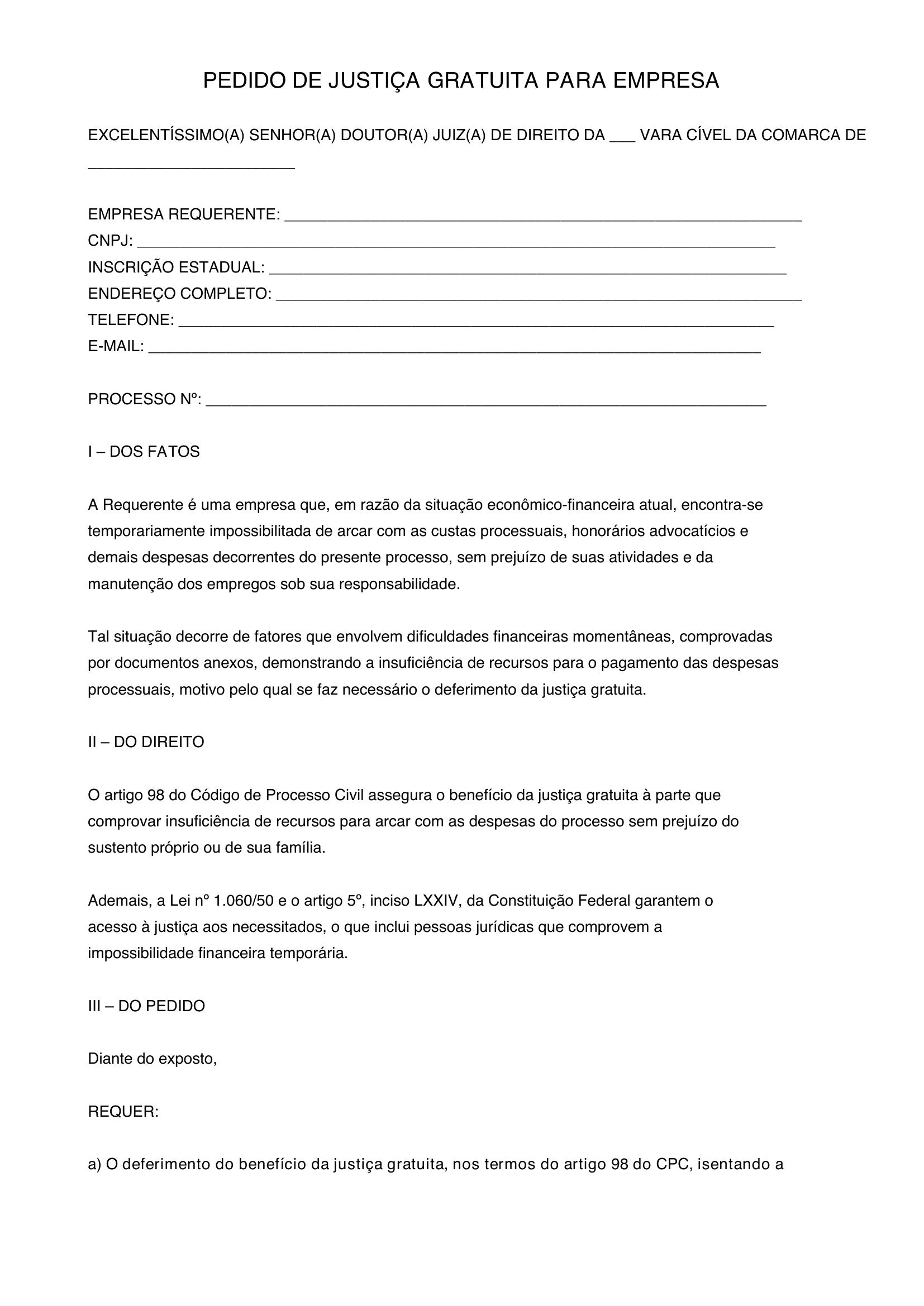 Modelo De Pedido De Justiça Gratuita Para Empresa