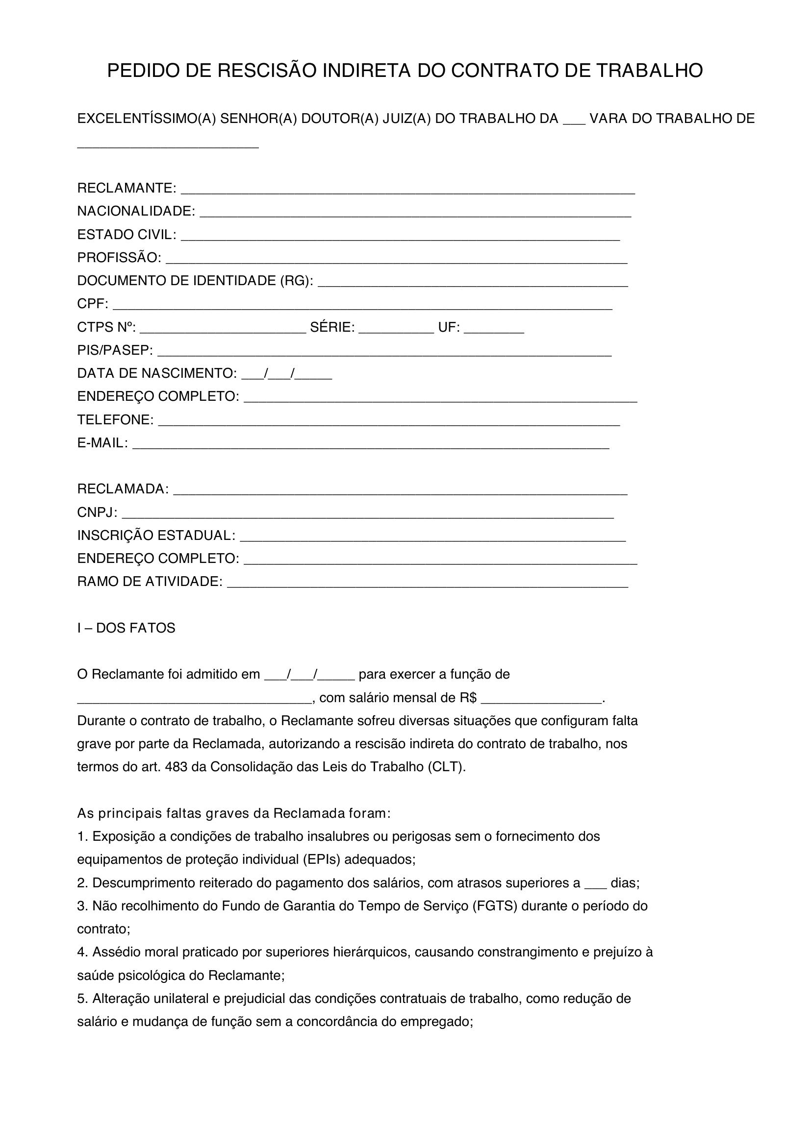 Modelo De Pedido De Rescisão Indireta