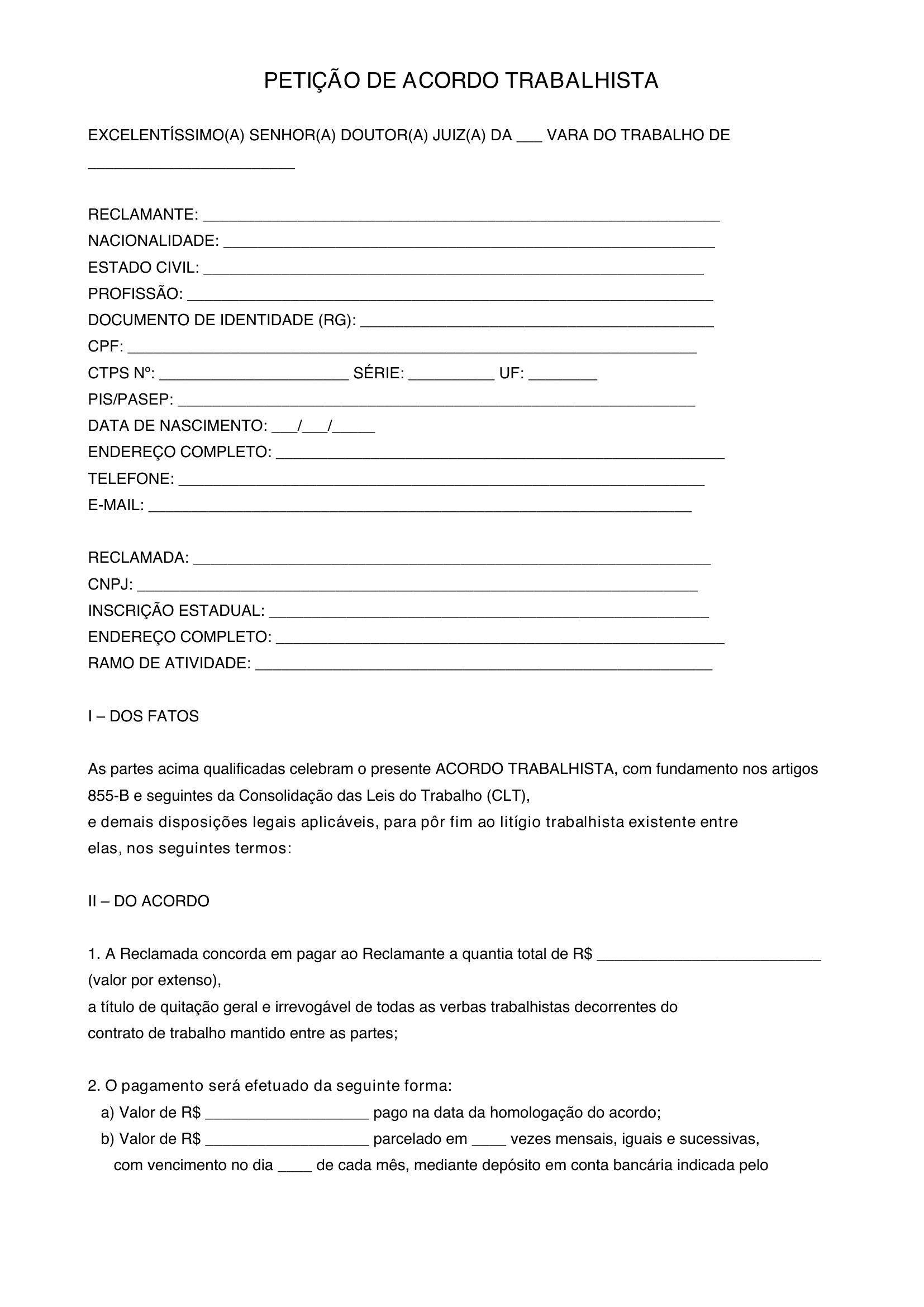 Modelo De Petição De Acordo Trabalhista