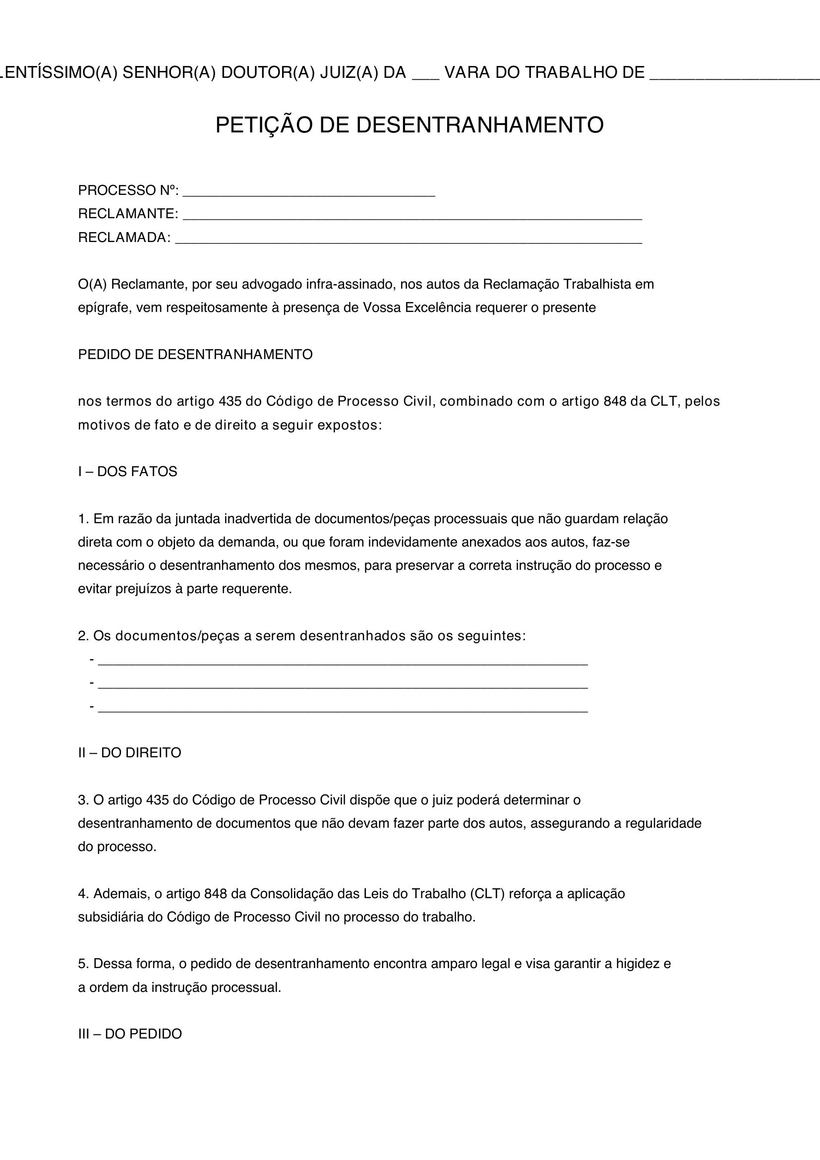 Modelo De Petição De Desentranhamento