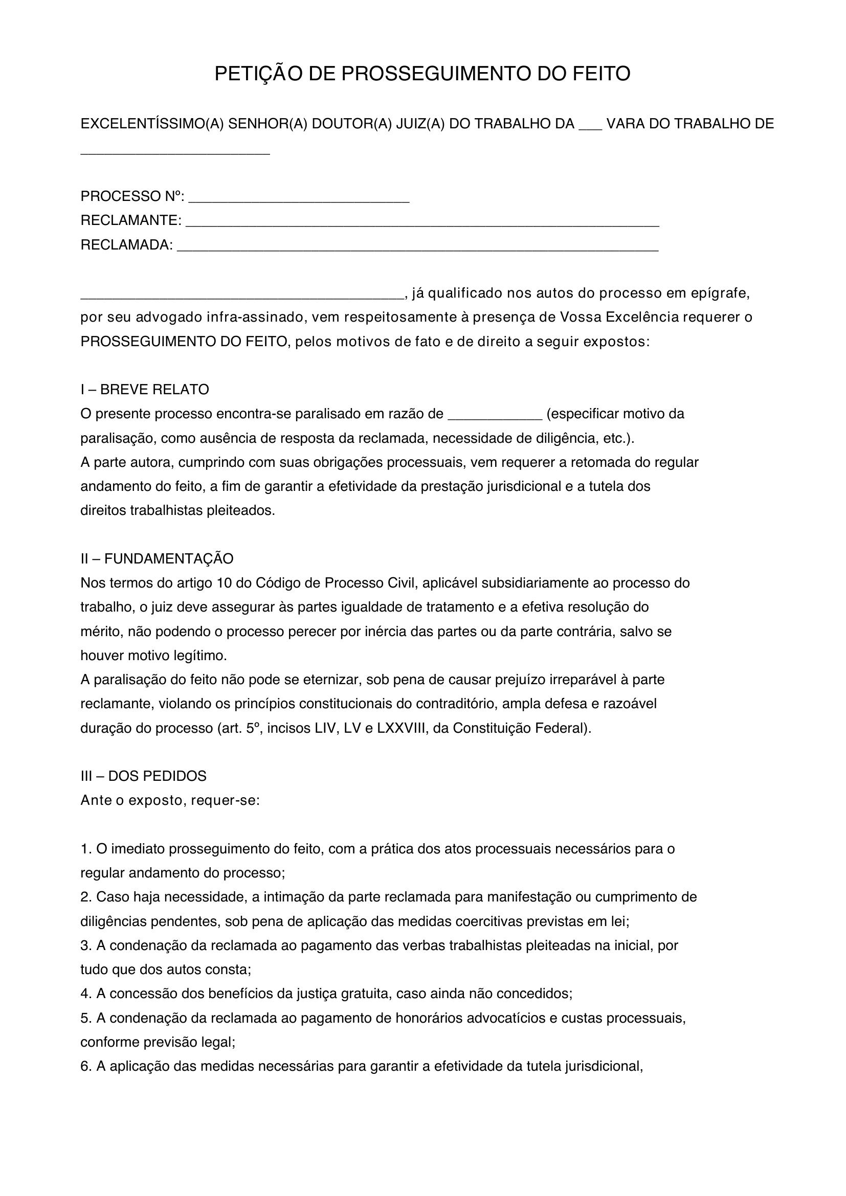 Modelo De Petição De Prosseguimento Do Feito