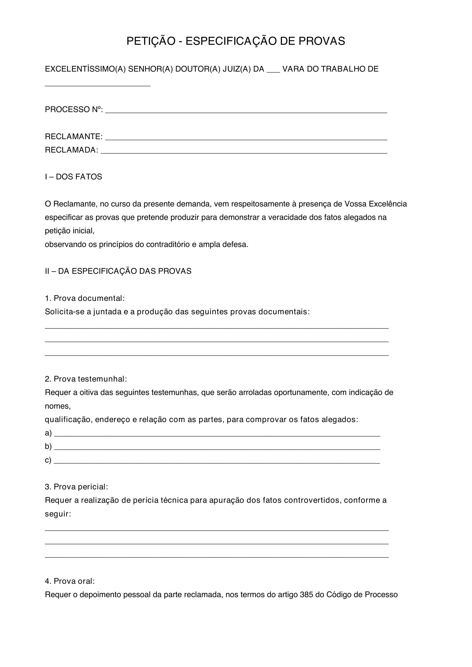 Modelo De Petição Especificação De Provas