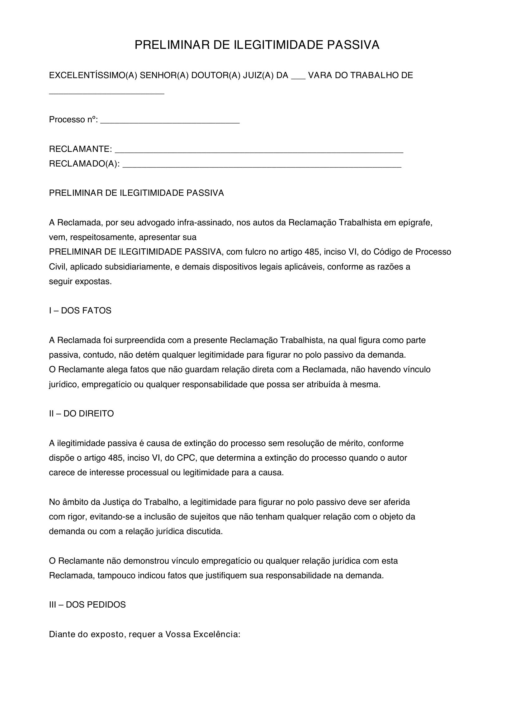 Modelo De Preliminar De Ilegitimidade Passiva