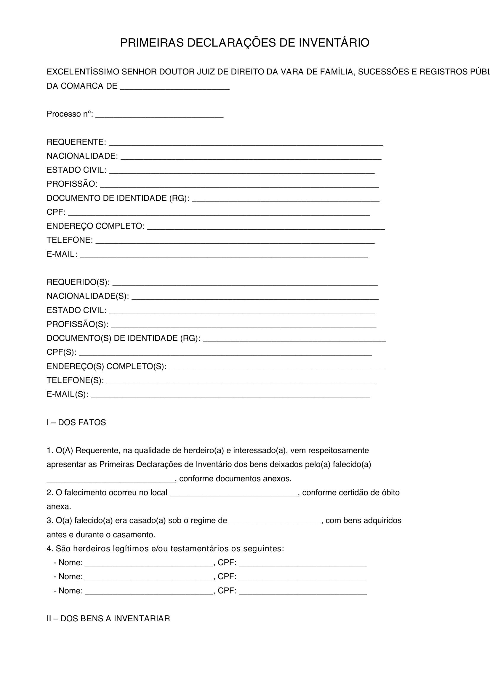 Modelo De Primeiras Declarações Inventário