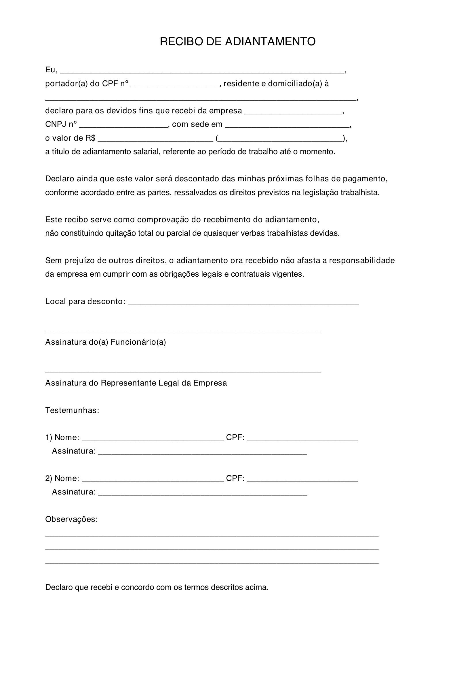 Modelo De Recibo De Adiantamento