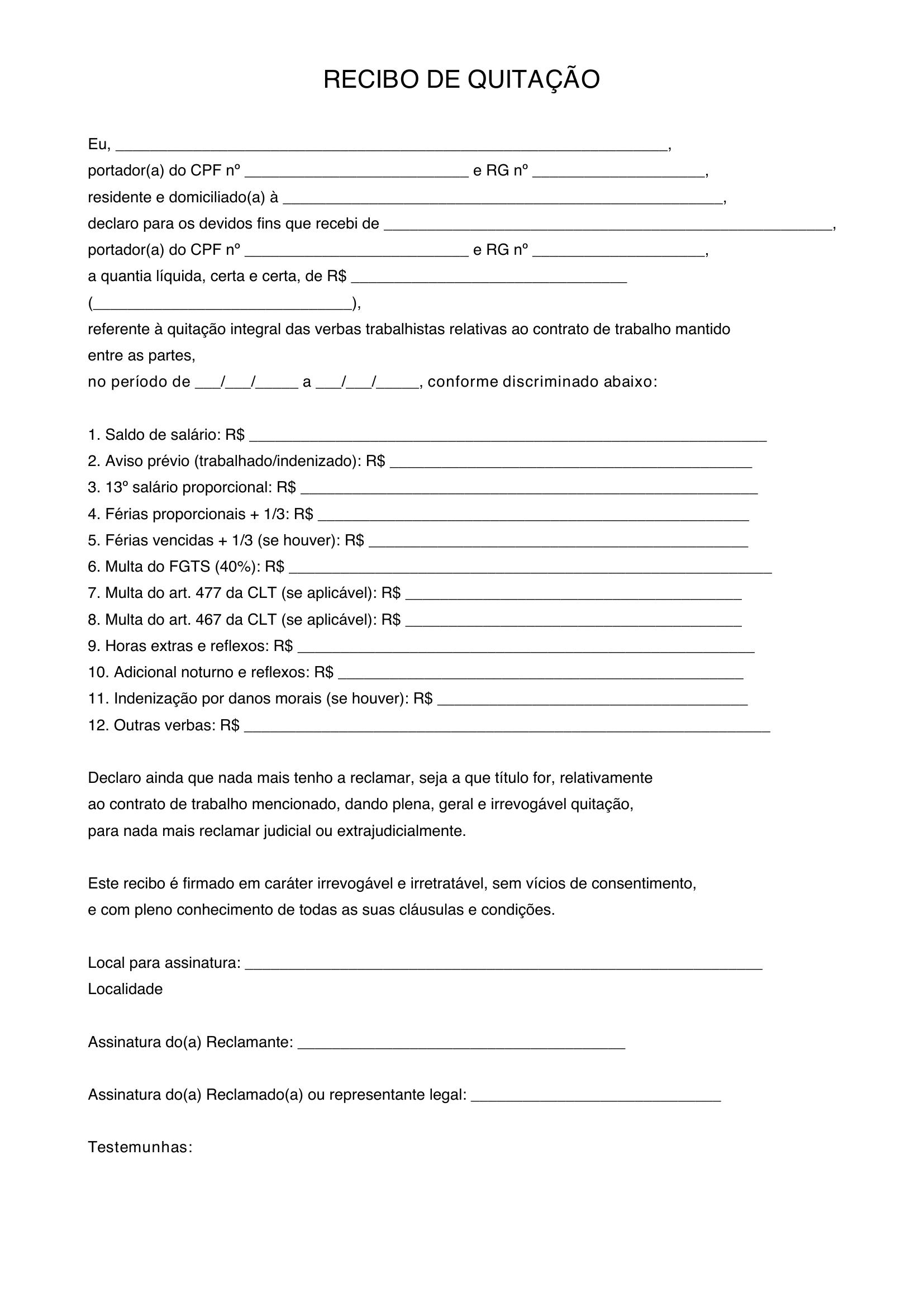 Modelo De Recibo De Quitação