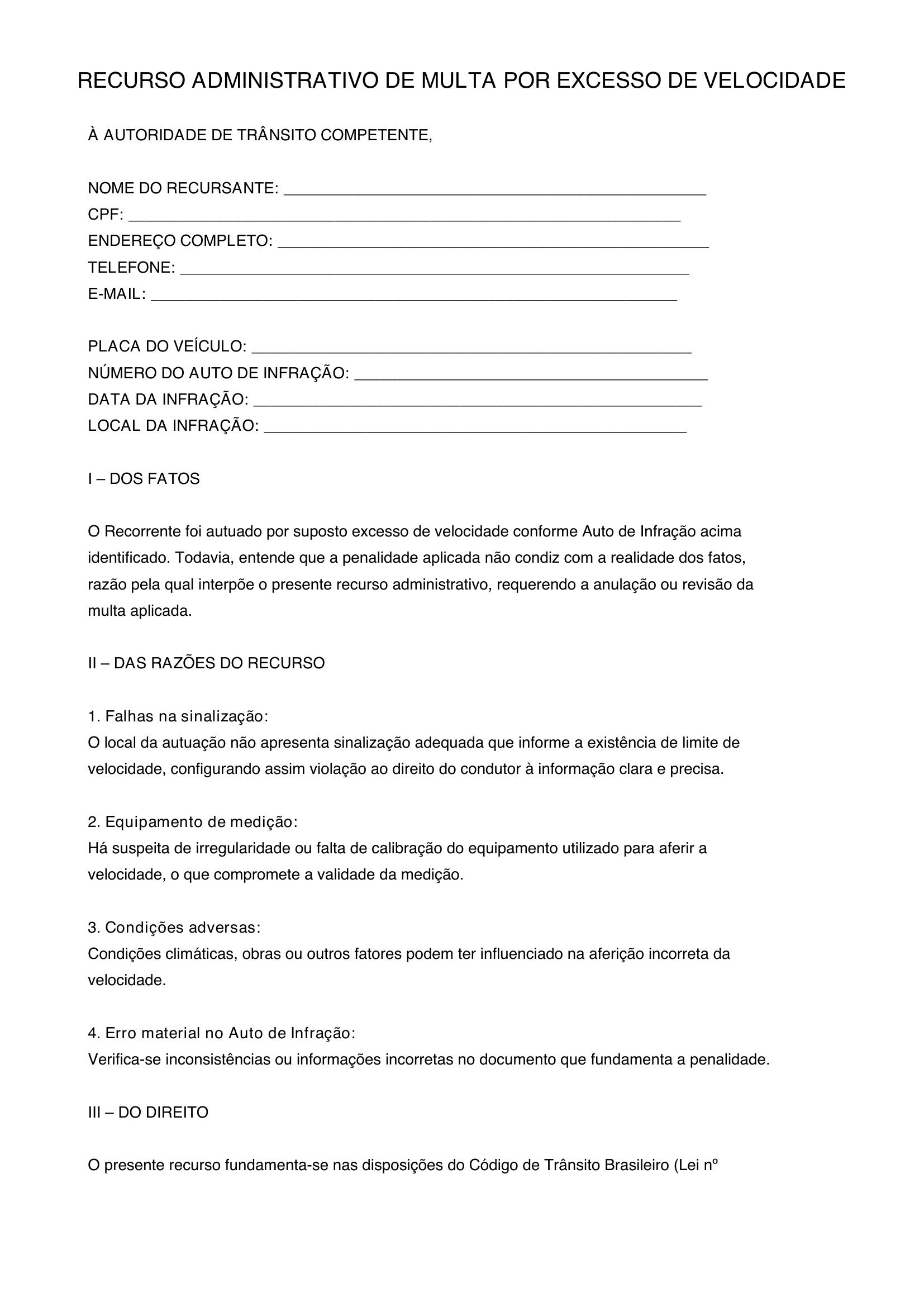 Modelo De Recurso De Multa Por Excesso De Velocidade