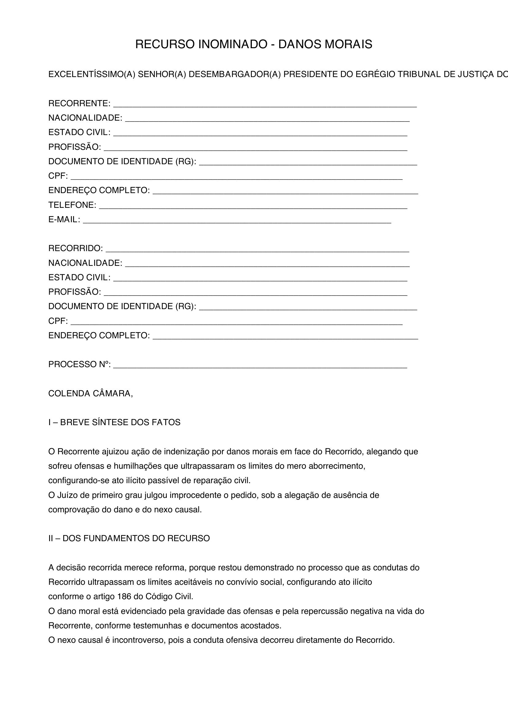 Modelo De Recurso Inominado Danos Morais