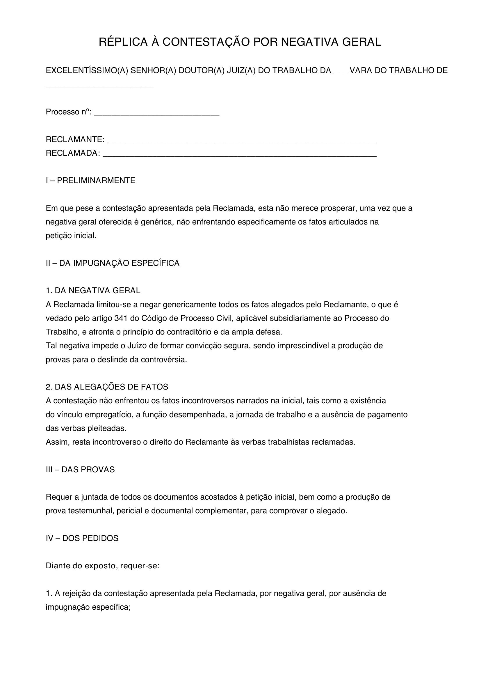 Modelo De Replica A Contestação Por Negativa Geral