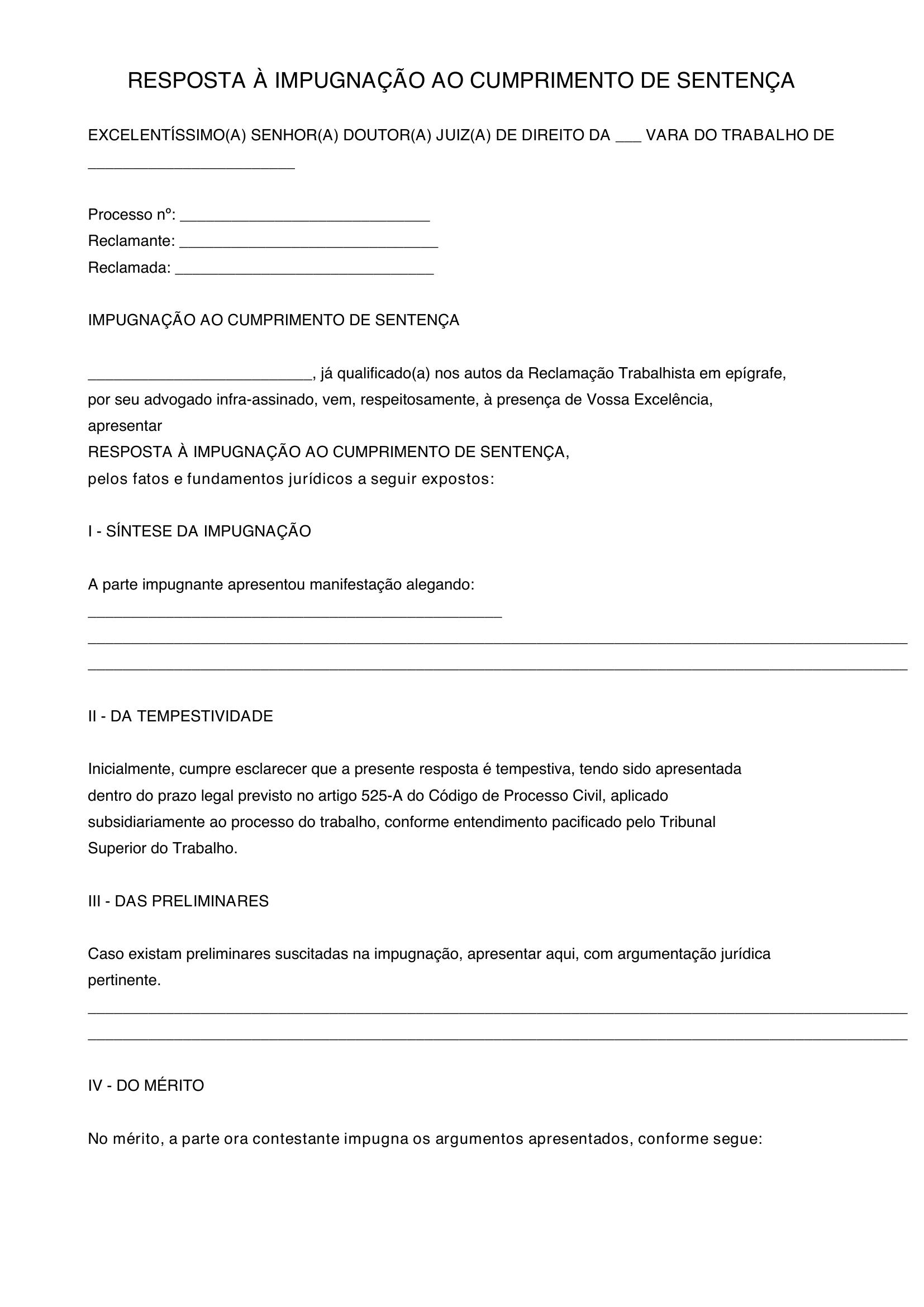 Modelo Resposta A Impugnação Ao Cumprimento De Sentença