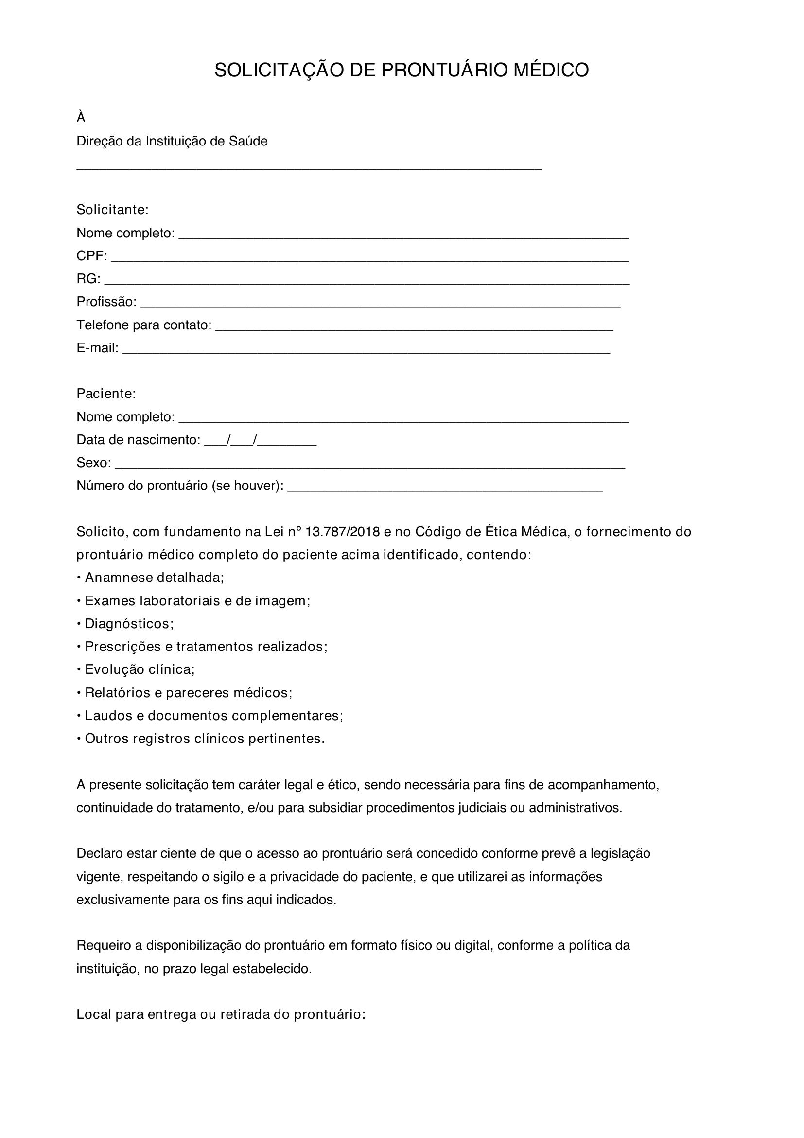 Modelo De Solicitação De Prontuário Médico