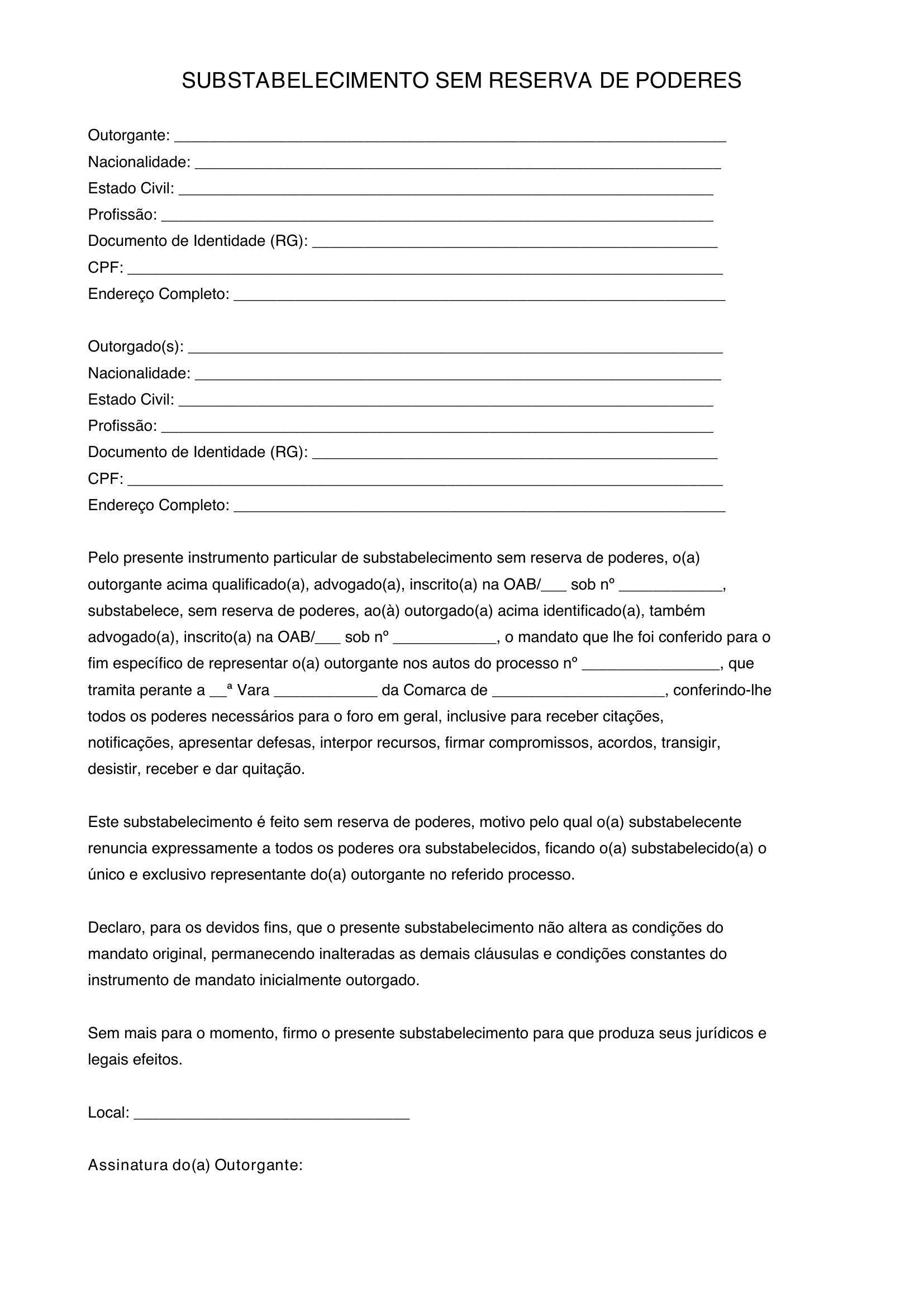 Modelo De Substabelecimento Sem Reserva De Poderes